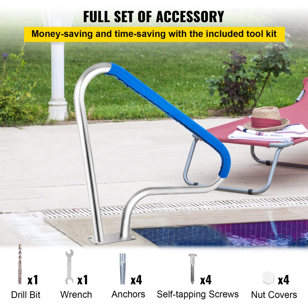 Stainless Steel Pool Handrail with Blue Grip and Installation Kit, 48x36", Supports 250LBS, Rustproof Design for Safe Swimming Access