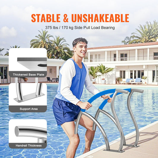 Stainless Steel Pool Handrail Set, 2 PCS 30x30 with Base Plate for Indoor/Outdoor Pools, Rust-Proof Safety Railing & Grip Cover for Decks and Spas