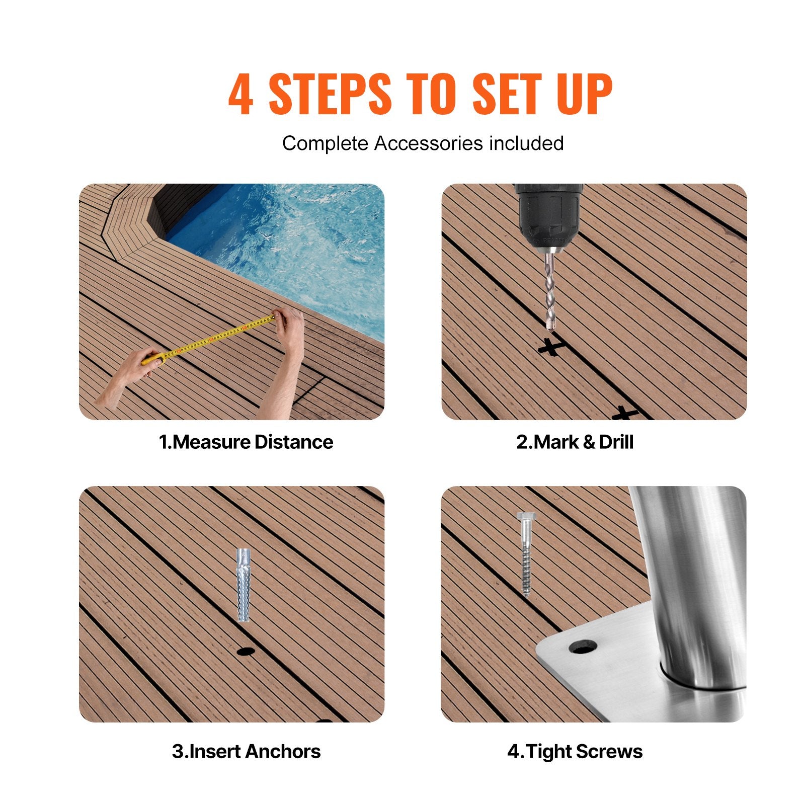 Stainless Steel Pool Handrail Set, 2 PCS 30x30 with Base Plate for Indoor/Outdoor Pools, Rust-Proof Safety Railing & Grip Cover for Decks and Spas