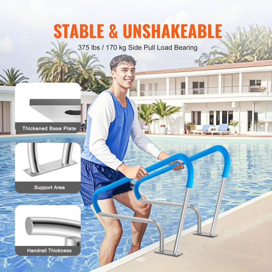 Dual Stainless Steel Pool Handrail Set, 48x36in with Base Plate, Rust-Proof Safety Railing & Grip Cover for Indoor/Outdoor Decks and Spas, 250 lbs Capacity