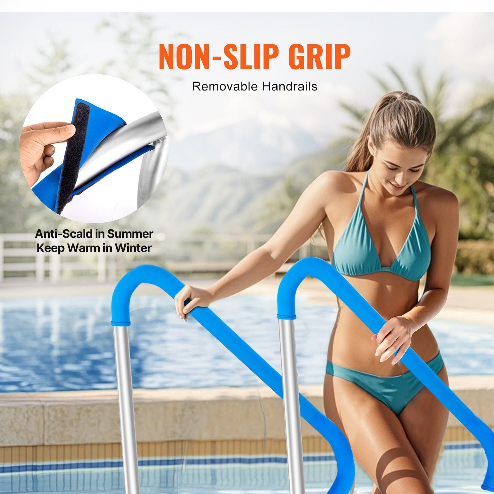 Dual Stainless Steel Pool Handrail Set, 48x36in with Base Plate, Rust-Proof Safety Railing & Grip Cover for Indoor/Outdoor Decks and Spas, 250 lbs Capacity