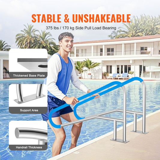 Stainless Steel Pool Handrail 54"x36" - Indoor/Outdoor Safety Railing with Rust-Proof Grab Bar, Grip Cover & Accessories for Pools & Spas
