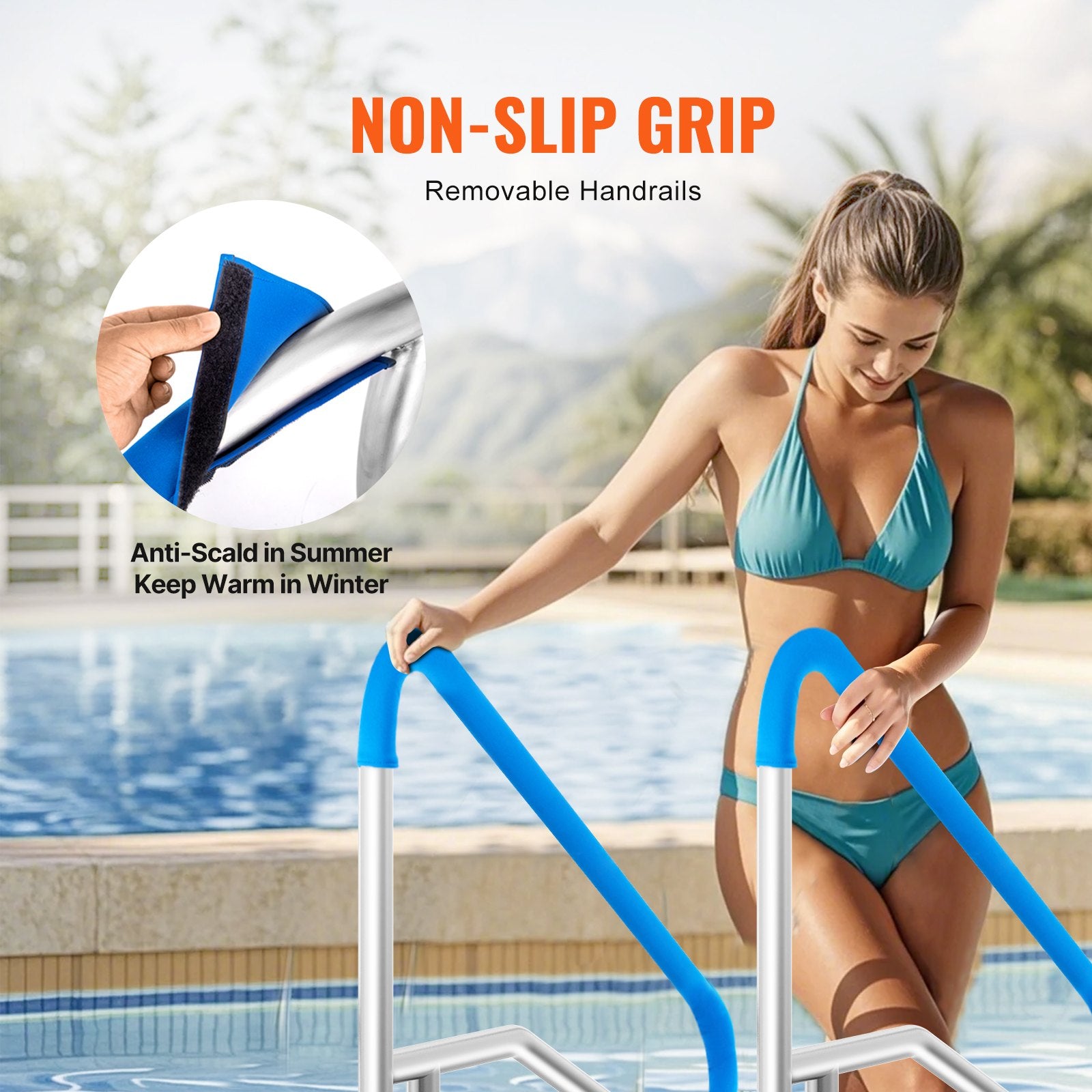 Stainless Steel Pool Handrail 54"x36" - Indoor/Outdoor Safety Railing with Rust-Proof Grab Bar, Grip Cover & Accessories for Pools & Spas