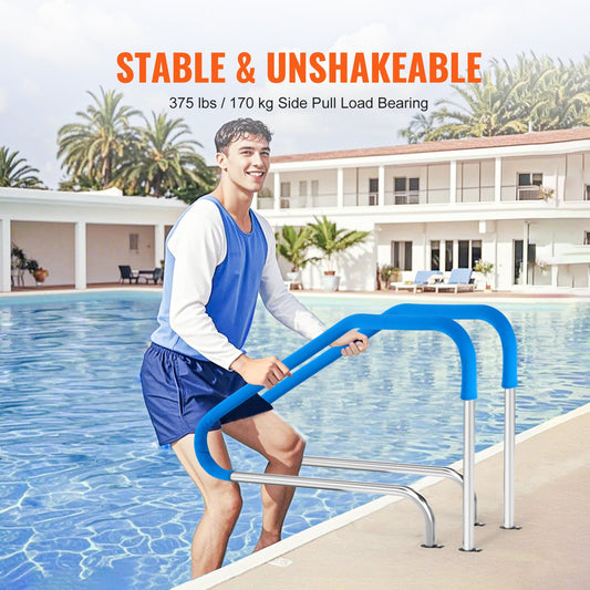 Stainless Steel Pool Handrail with Durable Blue Grip - 46x37 Inch Rust-Proof Safety Grab Bar for Indoor/Outdoor Pools, Decks, Spas
