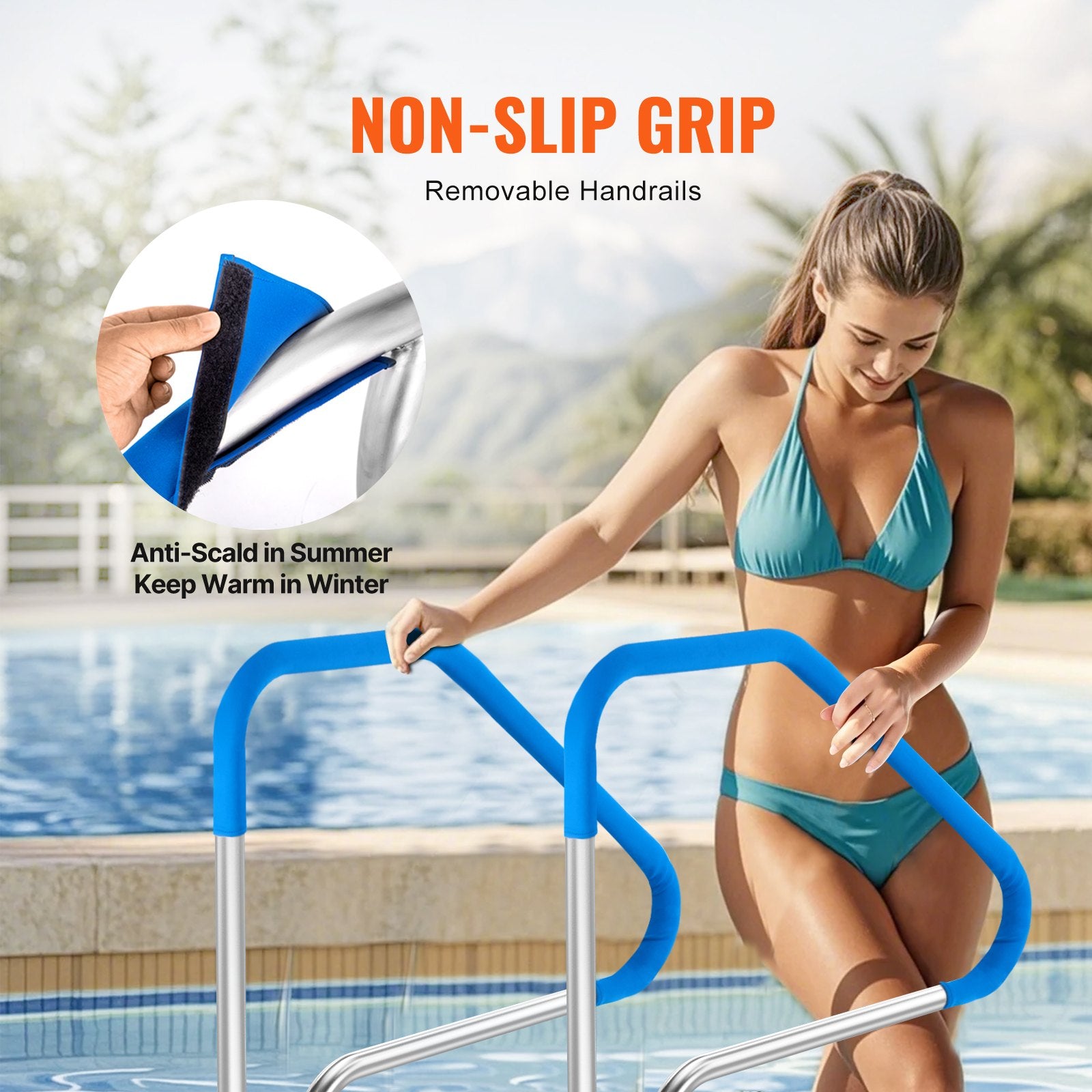 Stainless Steel Pool Handrail with Durable Blue Grip - 46x37 Inch Rust-Proof Safety Grab Bar for Indoor/Outdoor Pools, Decks, Spas