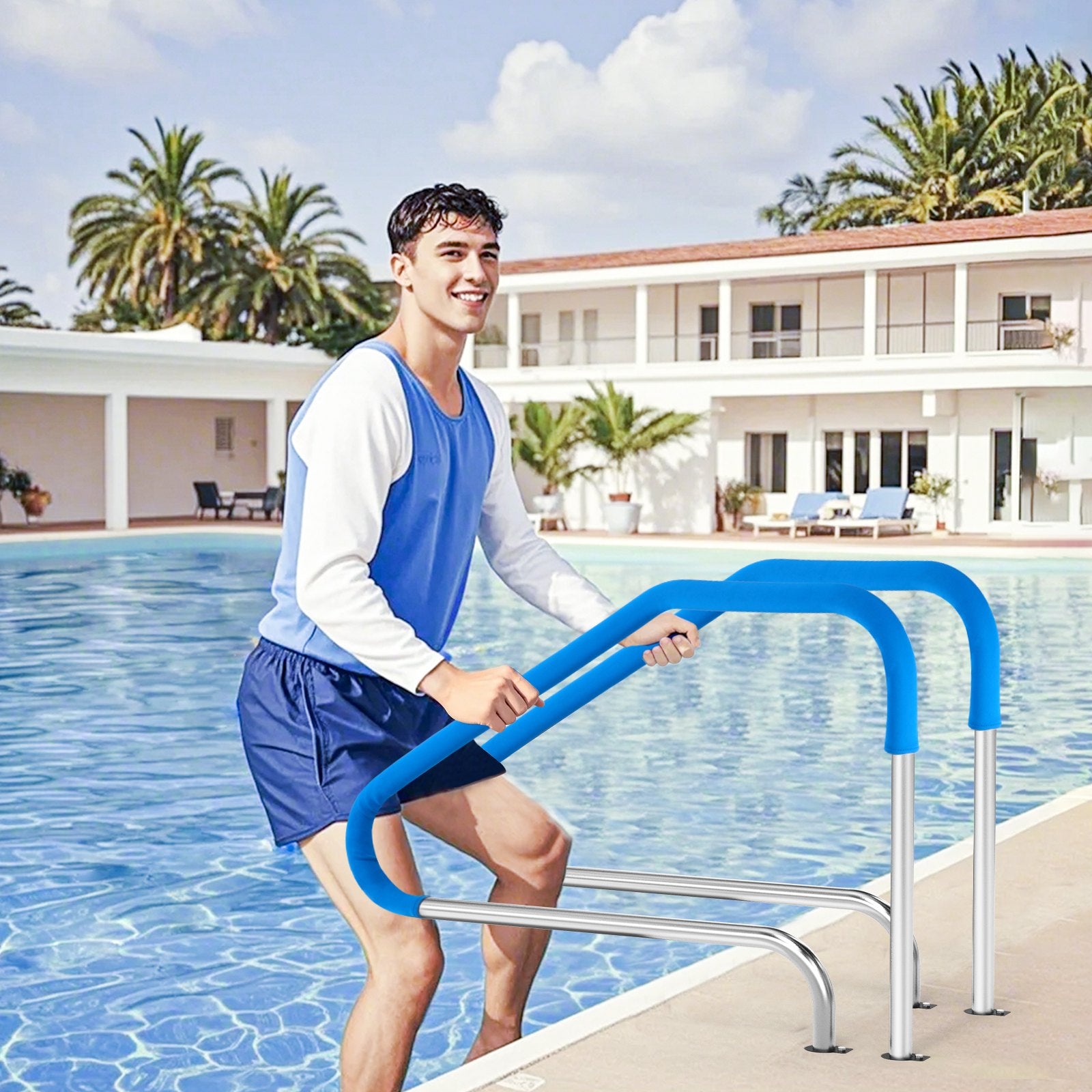 Stainless Steel Pool Handrail with Durable Blue Grip - 46x37 Inch Rust-Proof Safety Grab Bar for Indoor/Outdoor Pools, Decks, Spas