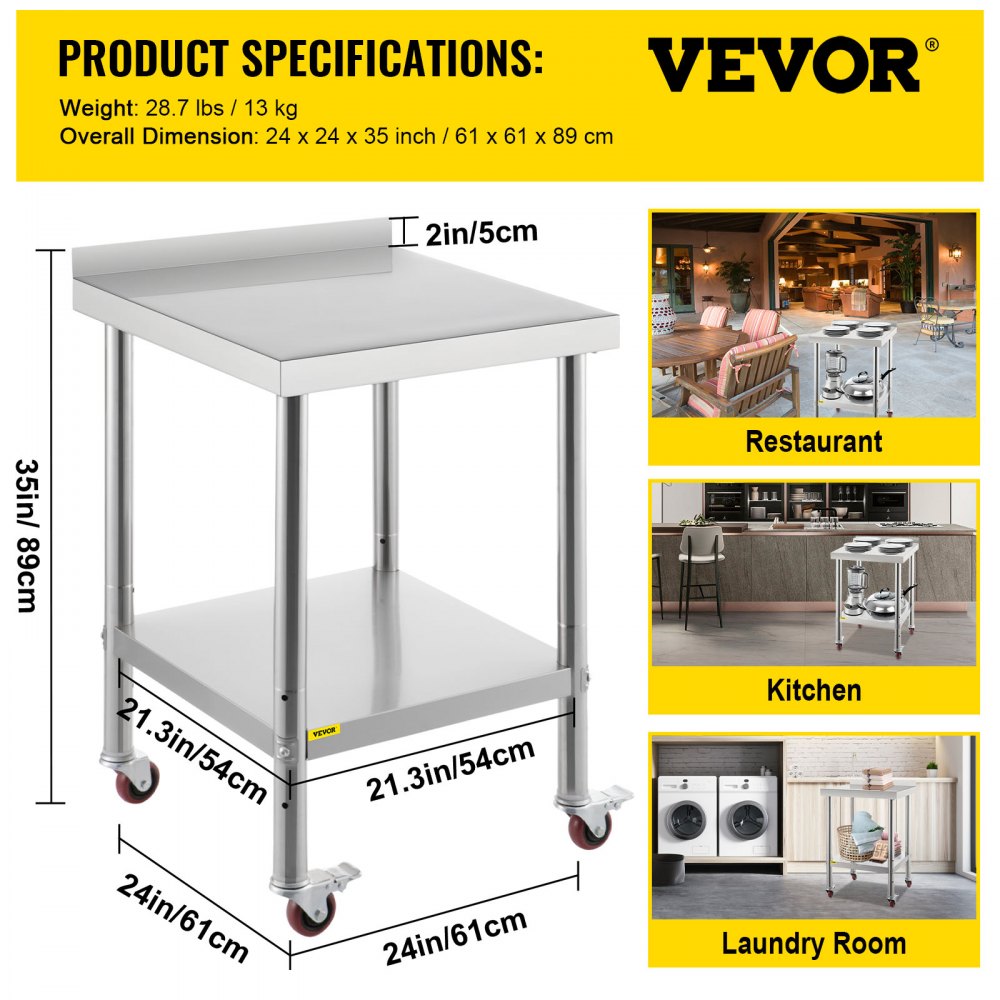 VEVOR Stainless Steel Prep Table, 24 x 24 x 35 Inch, 440lbs Load Capacity Heavy Duty Metal Worktable with Backsplash Adjustable Undershelf & 4 Casters, Commercial Workstation for Kitchen Restaurant
