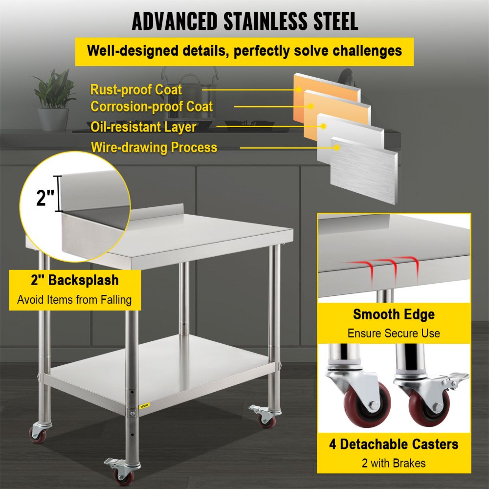 Heavy Duty Stainless Steel Worktable with Adjustable Shelf & Wheels, 30 x 24 x 35 Inch, 440lbs Capacity for Commercial Kitchens