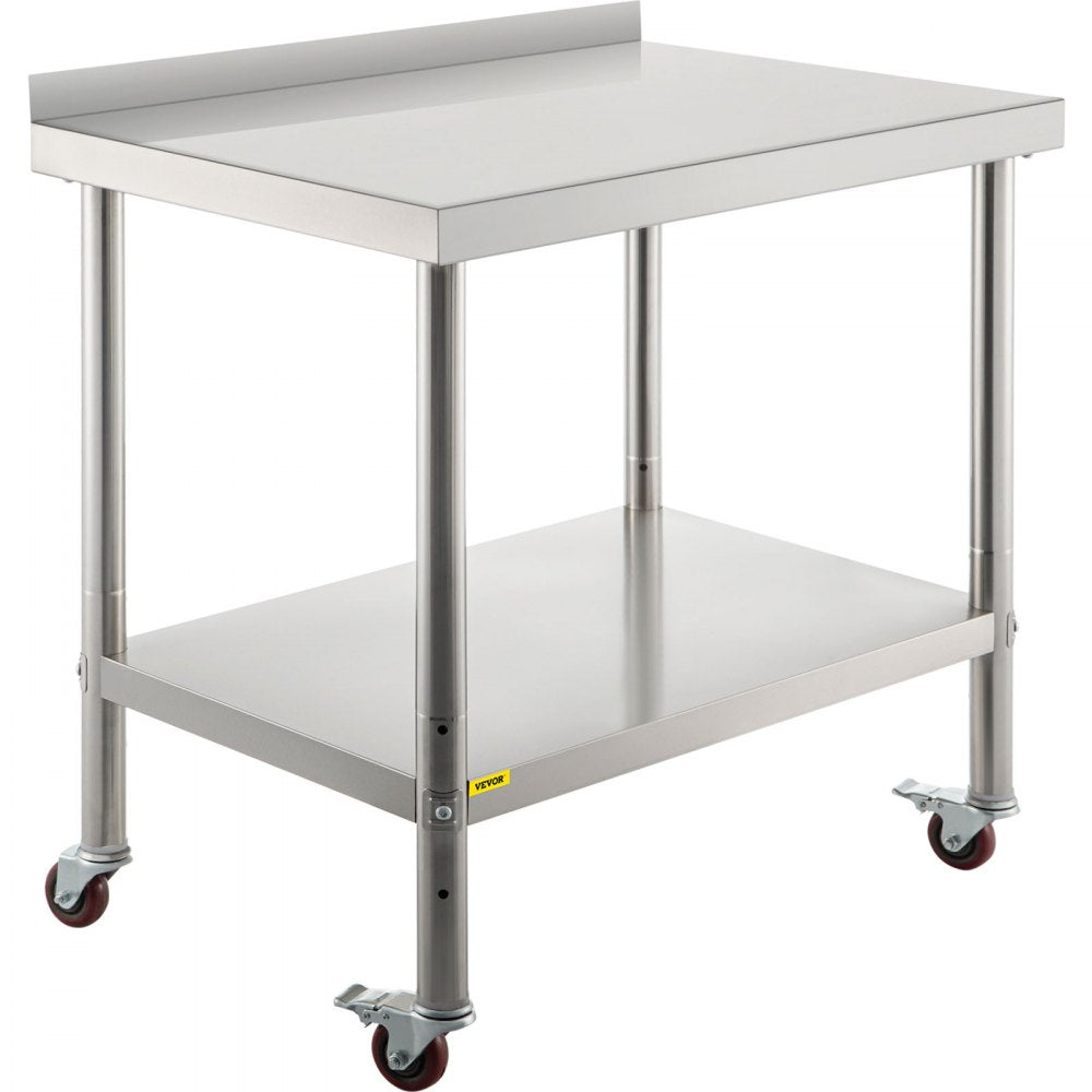 VEVOR Stainless Steel Prep Table, 30 x 24 x 35 Inch, 440lbs Load Capacity Heavy Duty Metal Worktable with Backsplash Adjustable Undershelf & 4 Casters, Commercial Workstation for Kitchen Restaurant