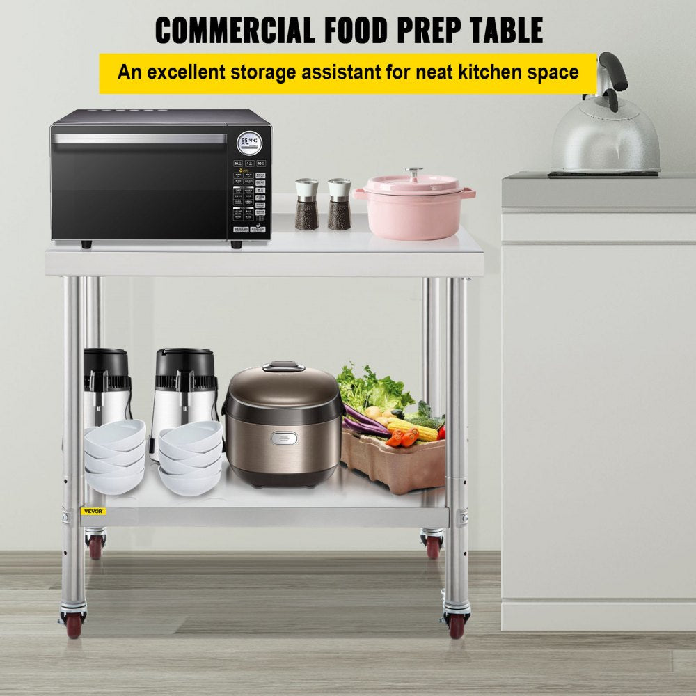 Heavy Duty Stainless Steel Kitchen Worktable with Backsplash, Adjustable Shelf, and Casters - 36 x 24 x 35 Inch, Supports 440lbs for Commercial Use