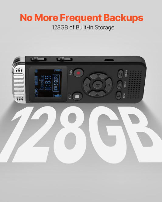 128GB Voice Activated Digital Recorder with 8730 Hours Storage, Password Protection, Noise Cancellation, Ideal for Lectures and Meetings