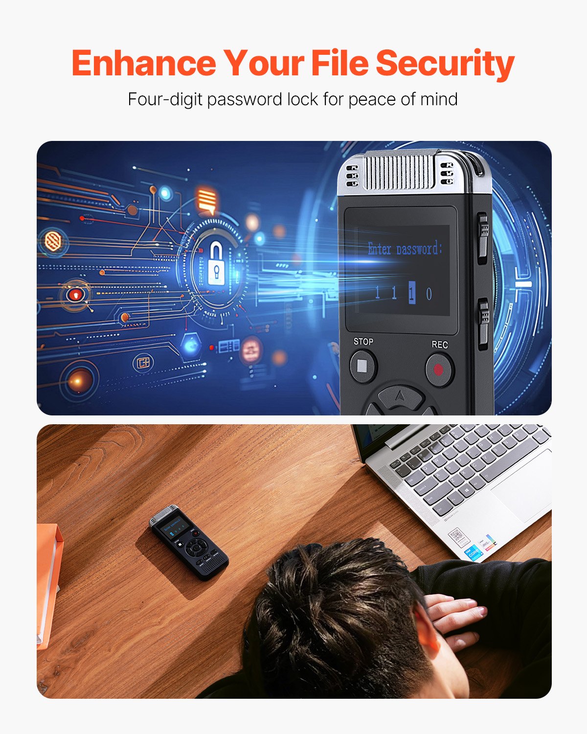 128GB Voice Activated Digital Recorder with 8730 Hours Storage, Password Protection, Noise Cancellation, Ideal for Lectures and Meetings