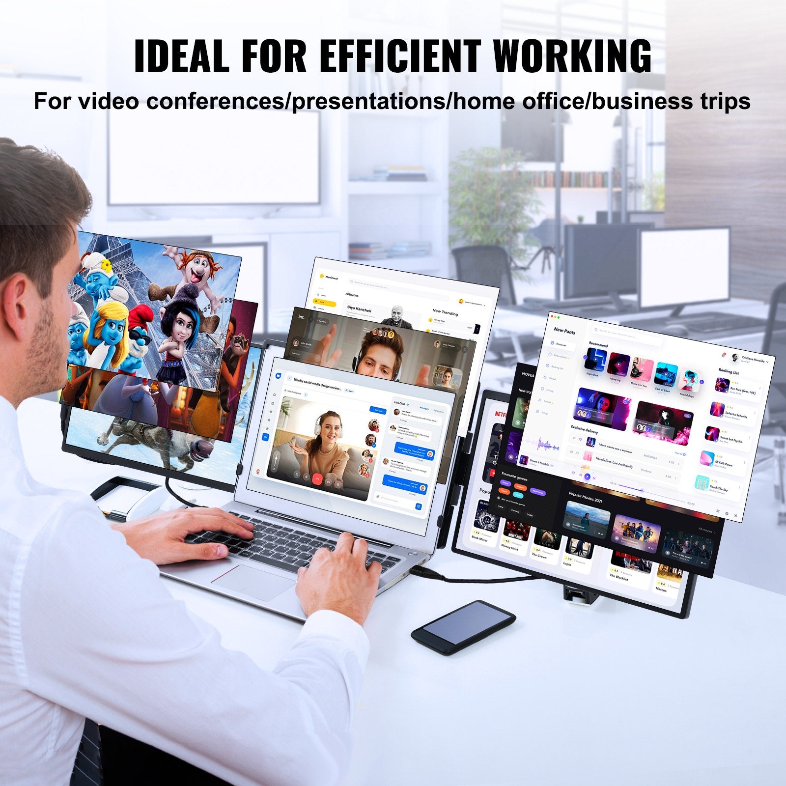 14" FHD 1080P Portable Triple Monitor Extender for Laptops, Swivel Dual Screen with USB-C/USB-A/Mini HDMI, Mac/Windows/Android Compatible