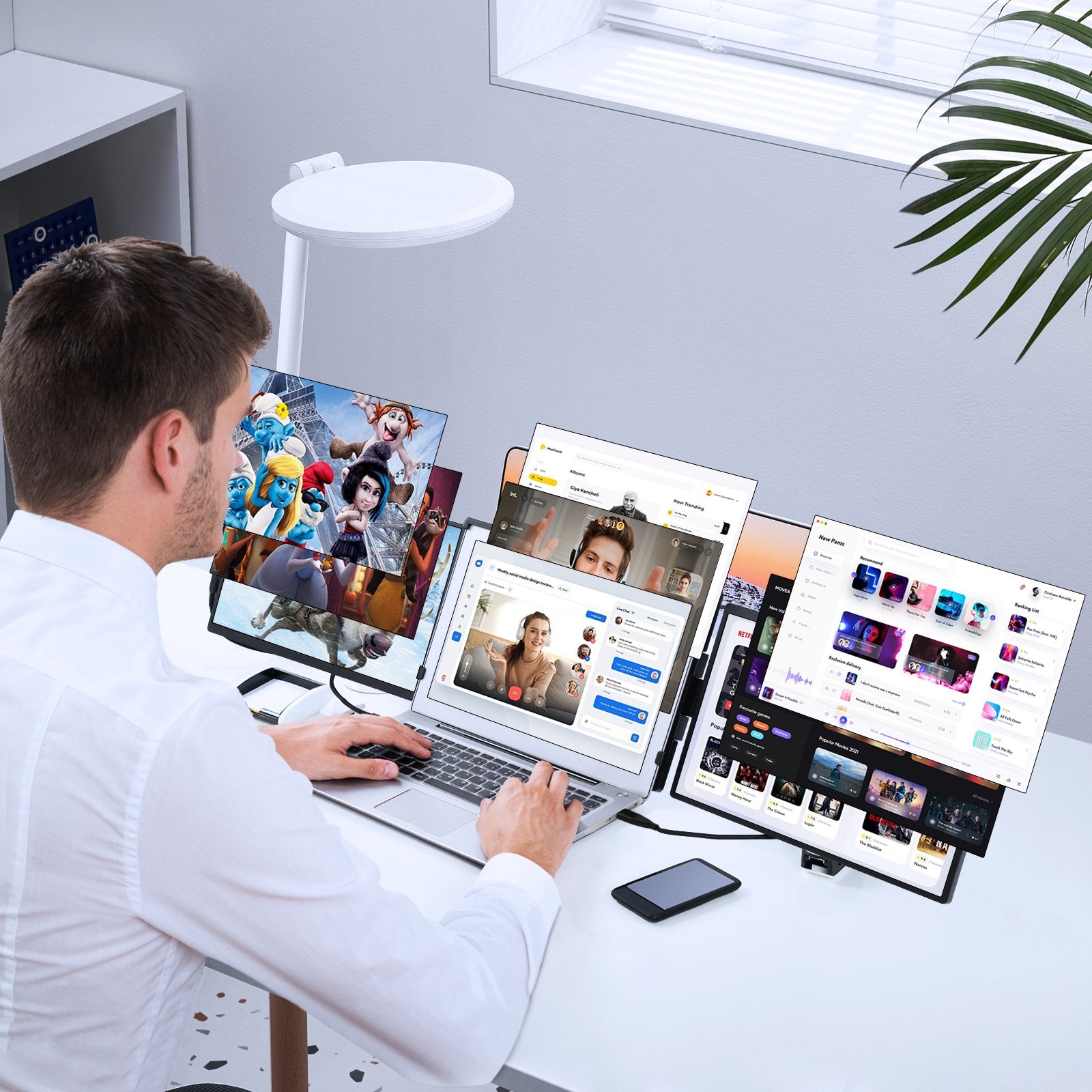 14" FHD 1080P Portable Triple Monitor Extender for Laptops, Swivel Dual Screen with USB-C/USB-A/Mini HDMI, Mac/Windows/Android Compatible