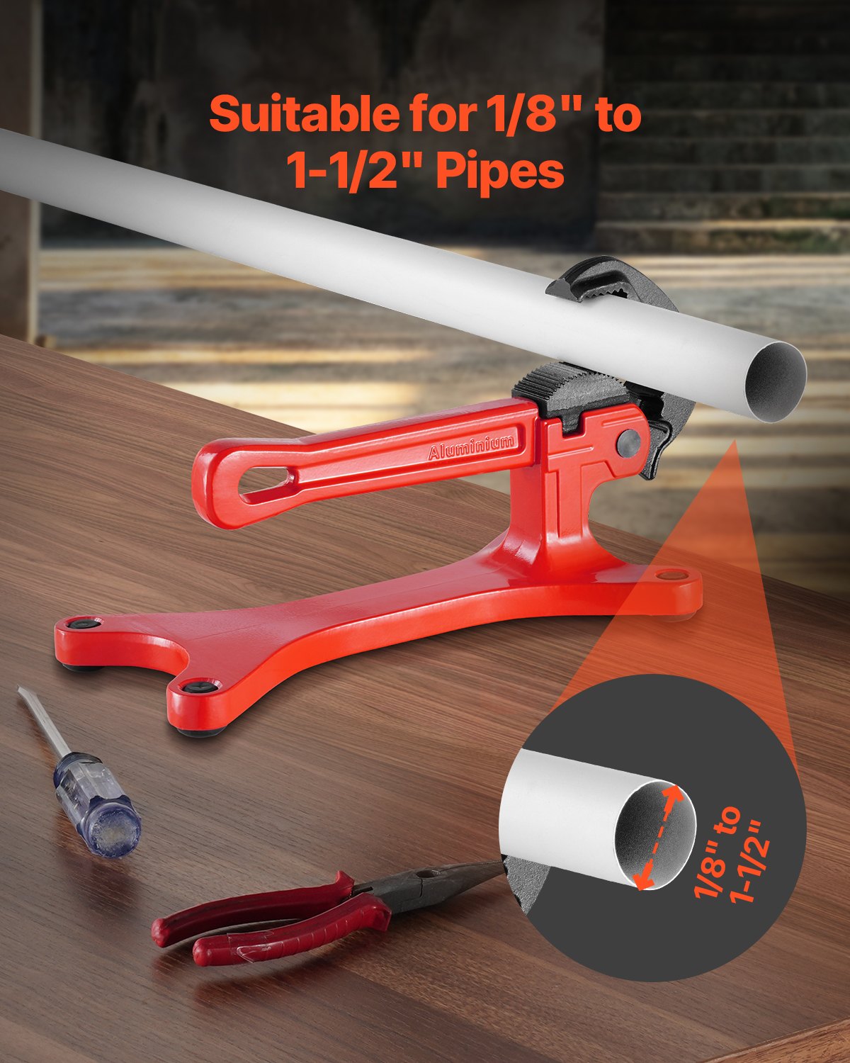 Lightweight Aluminum Portable Pipe Vise for 1/8" to 1-1/2" Pipes, Ideal for Plumbing Installation, Repair, Maintenance, with Durable Non-Slip Jaws