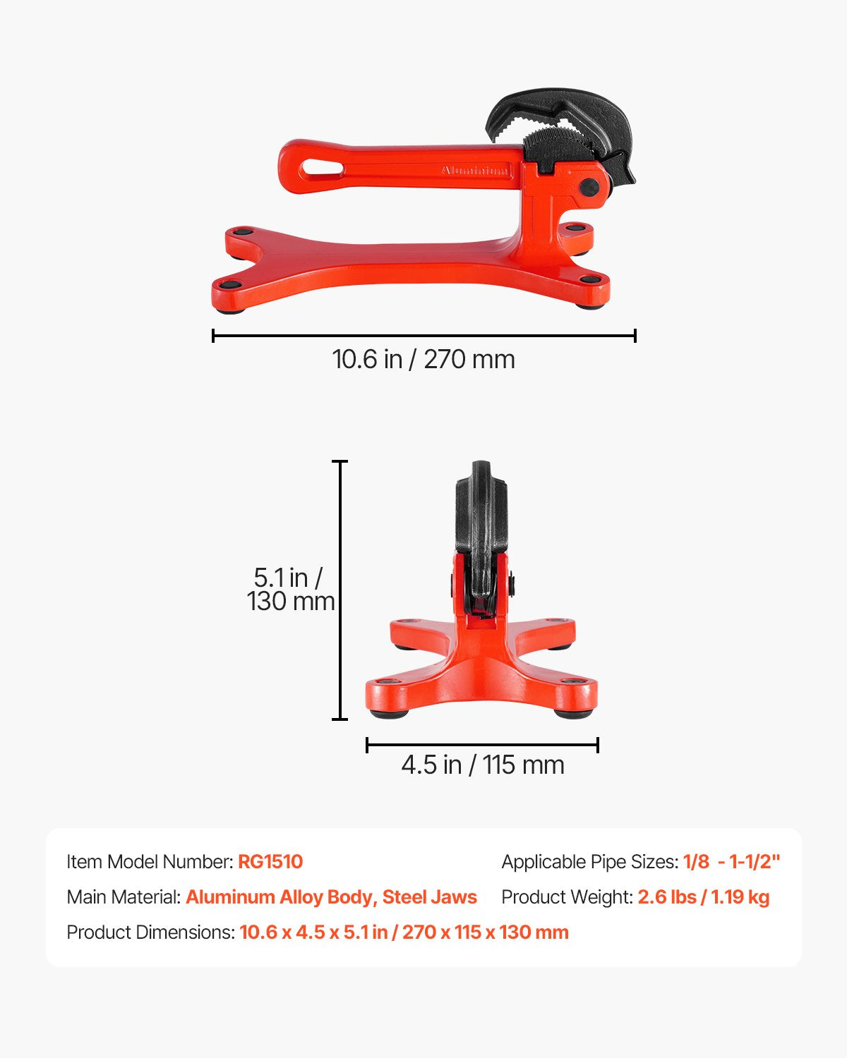 Lightweight Aluminum Portable Pipe Vise for 1/8" to 1-1/2" Pipes, Ideal for Plumbing Installation, Repair, Maintenance, with Durable Non-Slip Jaws