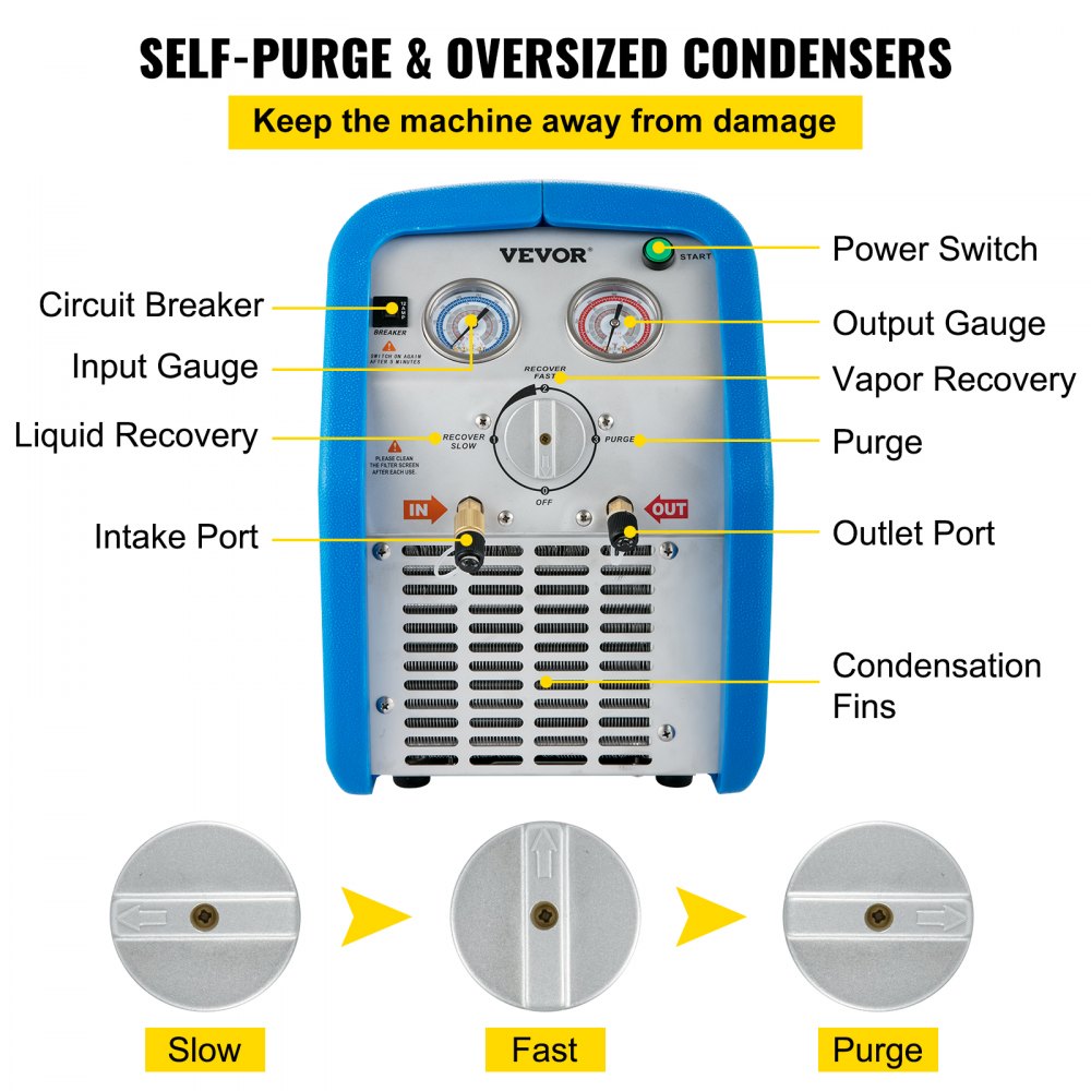 VEVOR Refrigerant Recovery Machine, 110V-120V AC 60Hz 3/4HP, Dual Cylinder Oil-less, Portable Recovery Unit, for Both Liquid and Vapor Refrigerant, Air Condition Blue