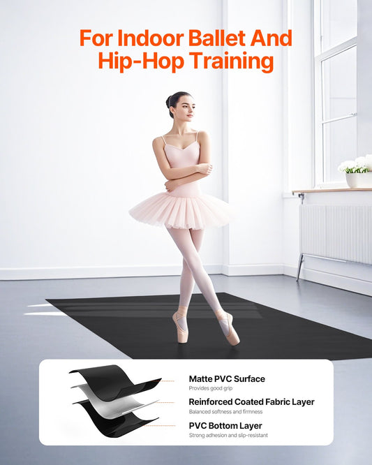 Portable 6.6' x 3' Yoga Mat with Organizer Bag, 1.5mm Thick Non-Slip Dance Floor for Home, Studio, Stage - Easy Adhesion, Safe, Reliable, 22 sq. ft Coverage, Black/Gray/White