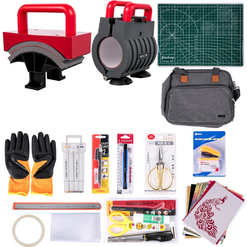 VEVOR Heat Press 12 x 10 Inch Easy Press 800W 4 in 1 Red Portable Easy Mini Press Vibration Function Press Machine Double-Tube Heating Mini Press for Mugs & Caps with Highly-Sensitive Touch Screen