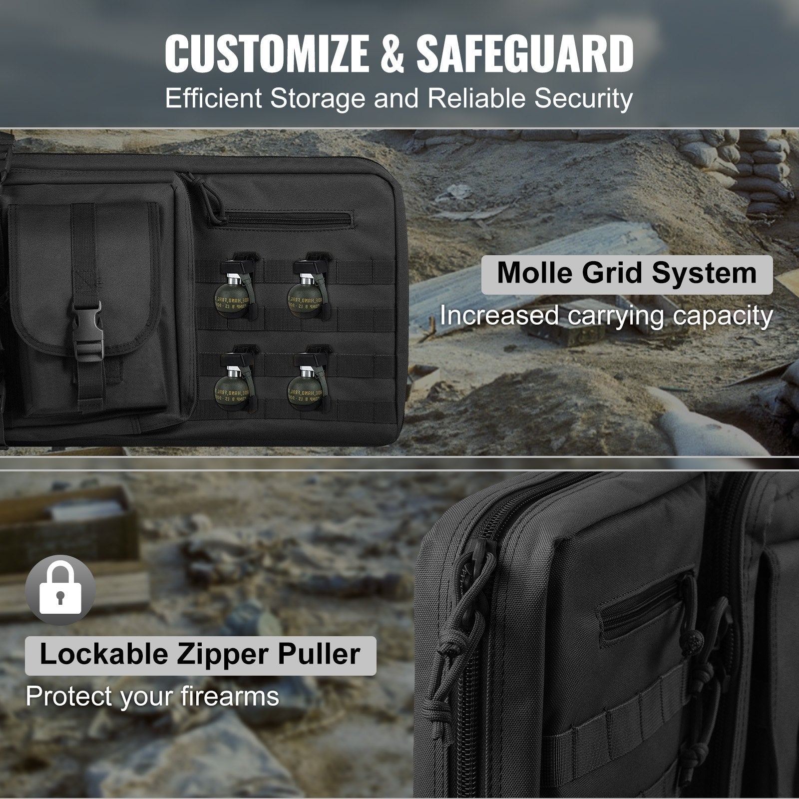 36" Tactical Rifle Bag with Lockable Zipper - Soft Double Gun Case for 2 Rifles & Pistols, 3 Storage Pockets, Molle System, Black