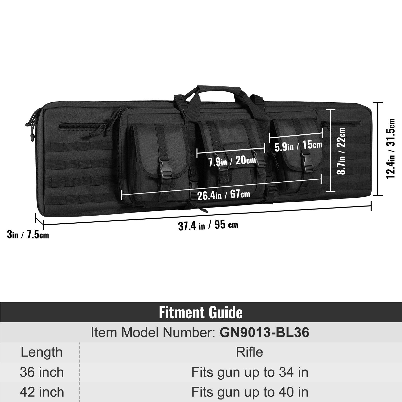 36" Tactical Rifle Bag with Lockable Zipper - Soft Double Gun Case for 2 Rifles & Pistols, 3 Storage Pockets, Molle System, Black