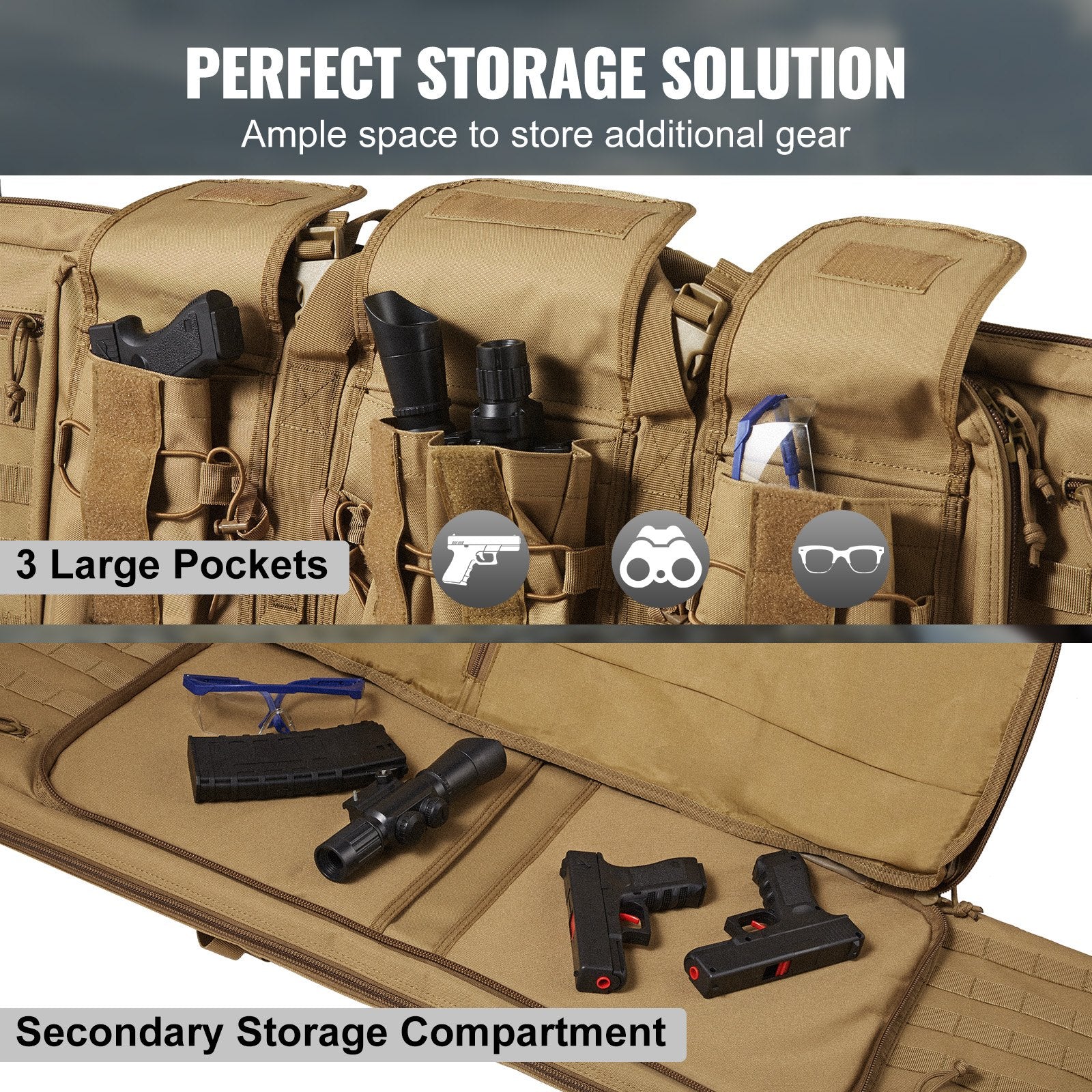 36" Tactical Double Rifle Bag with Lockable Zipper, Waterproof Soft Case, Molle System, Fits Two 34" Rifles & 2 Pistols, Brown