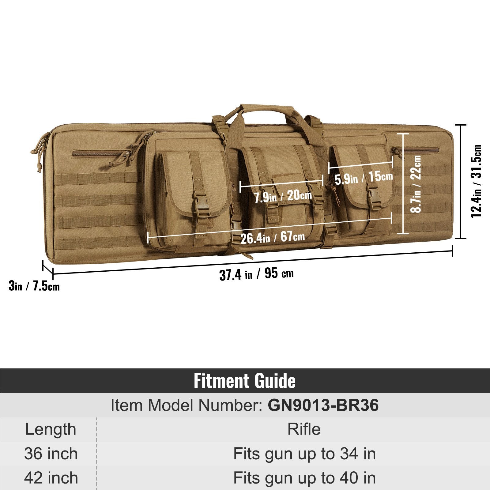 36" Tactical Double Rifle Bag with Lockable Zipper, Waterproof Soft Case, Molle System, Fits Two 34" Rifles & 2 Pistols, Brown