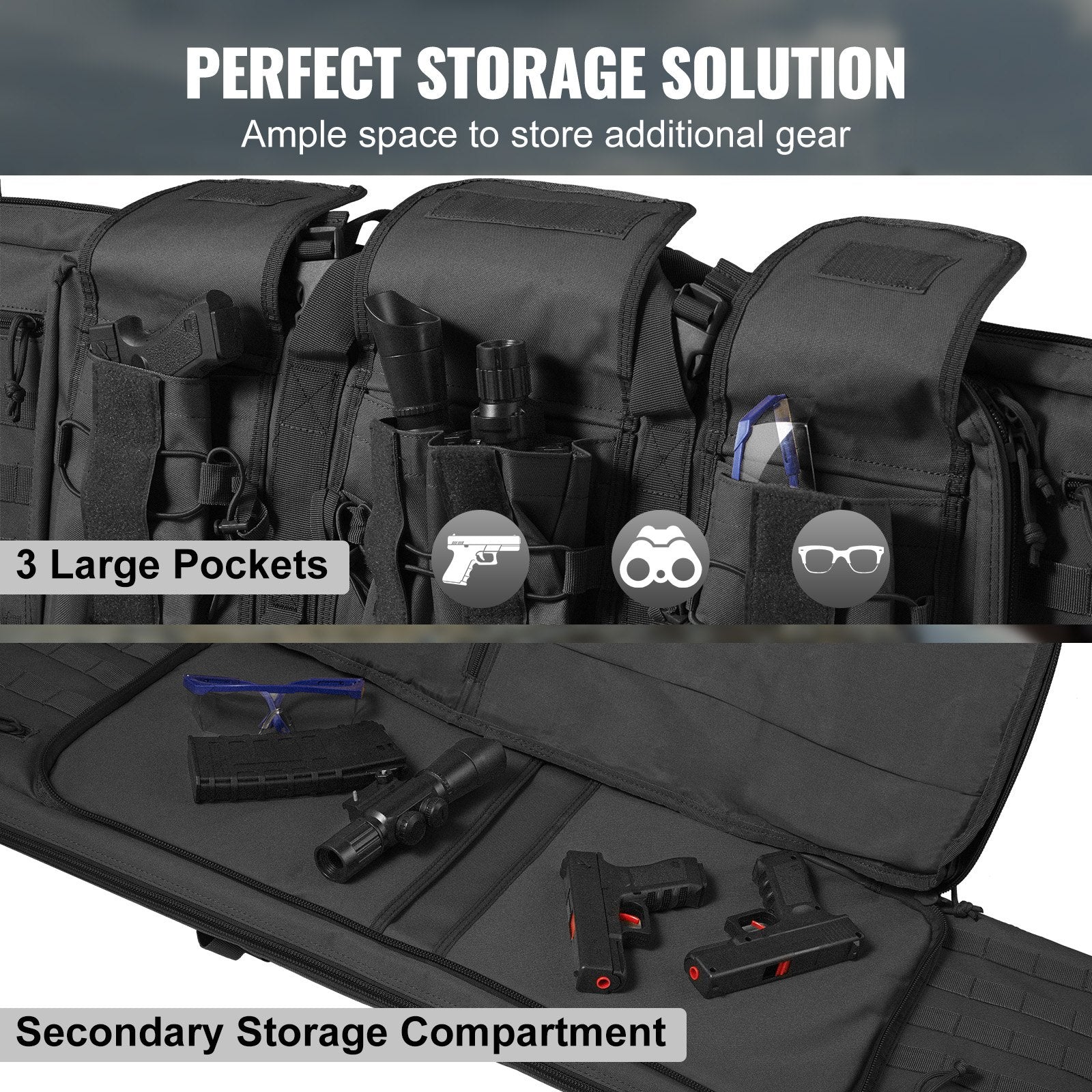 Tactical 42" Double Long Gun Bag with Lockable Zipper, 3 Pockets, Shoulder Strap, for 2 Rifles & 2 Pistols, Durable 600D Polyester, Black