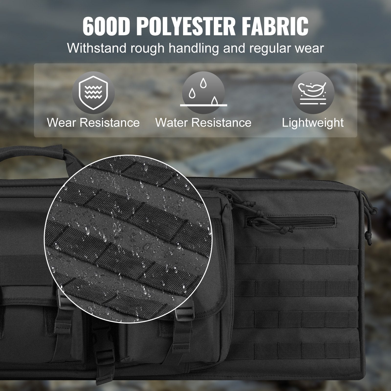 Tactical 42" Double Long Gun Bag with Lockable Zipper, 3 Pockets, Shoulder Strap, for 2 Rifles & 2 Pistols, Durable 600D Polyester, Black