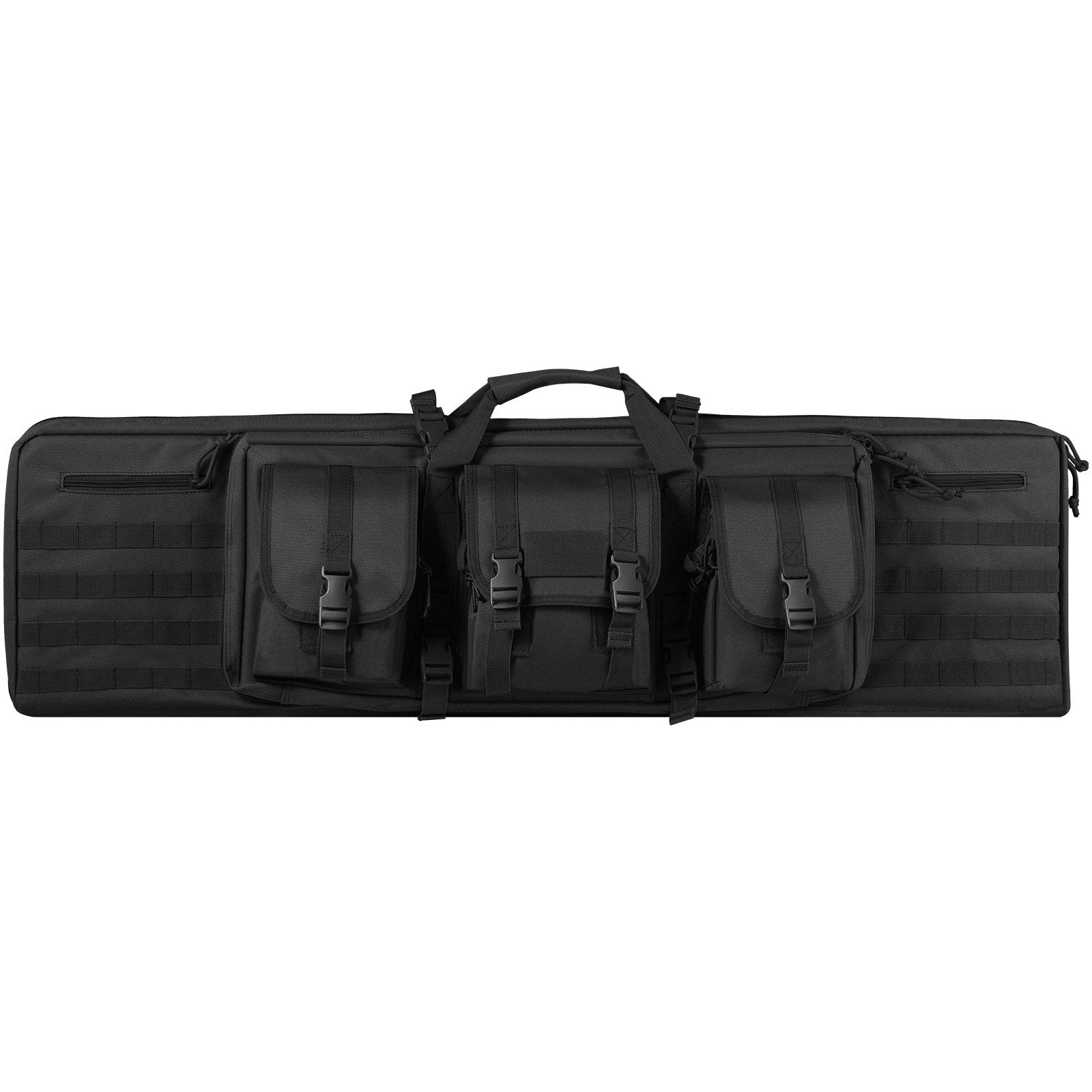 Tactical 42" Double Long Gun Bag with Lockable Zipper, 3 Pockets, Shoulder Strap, for 2 Rifles & 2 Pistols, Durable 600D Polyester, Black