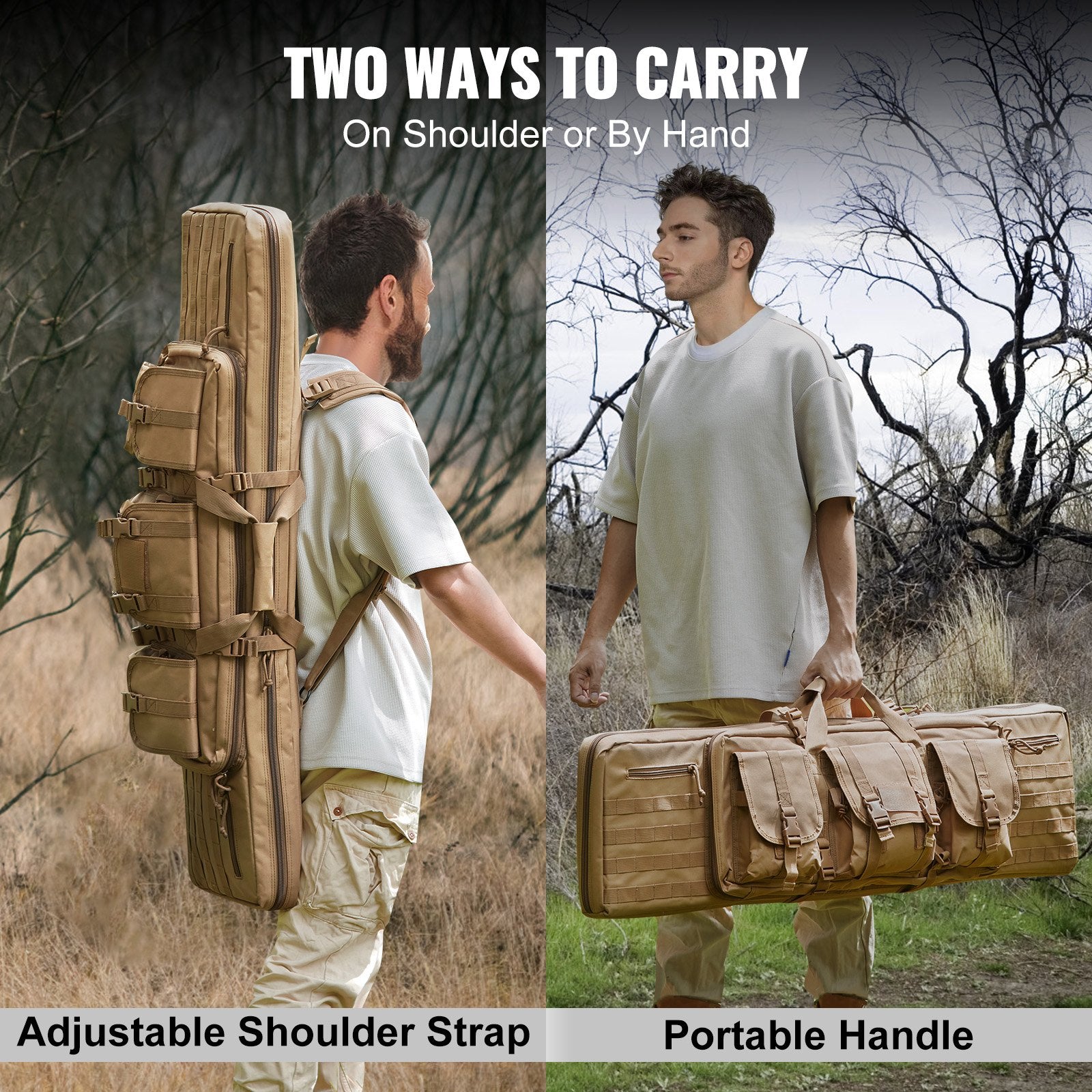 42" Tactical Double Rifle Case, Lockable Zipper, 3 Storage Pockets, Shoulder Strap, Holds 2 Rifles & Pistols, Waterproof, Durable 600D Polyester