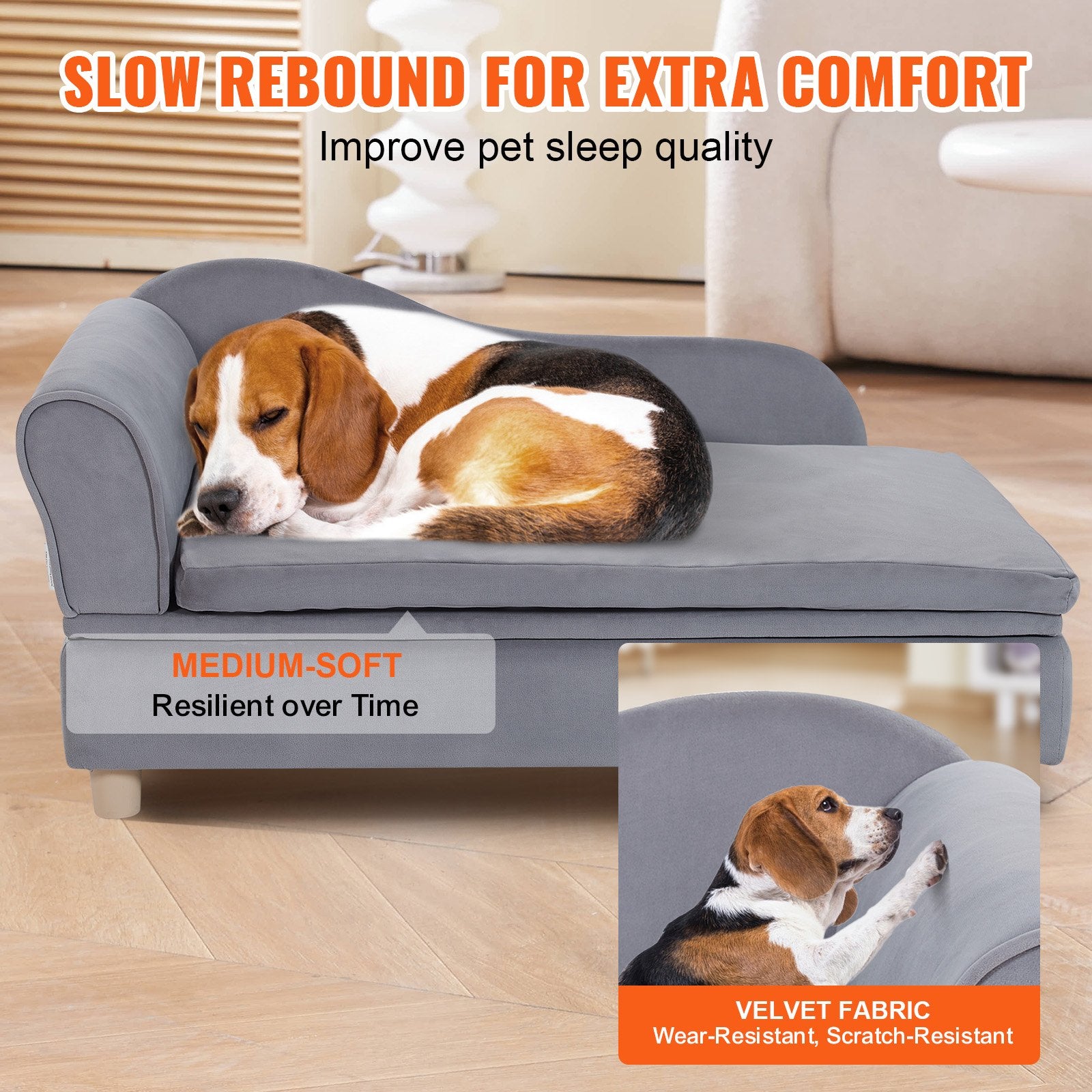 Luxurious Grey Velvet Pet Sofa Bed for Large Dogs & Cats, 110 lbs Capacity - Stylish, Comfy Couch with Quick Assembly