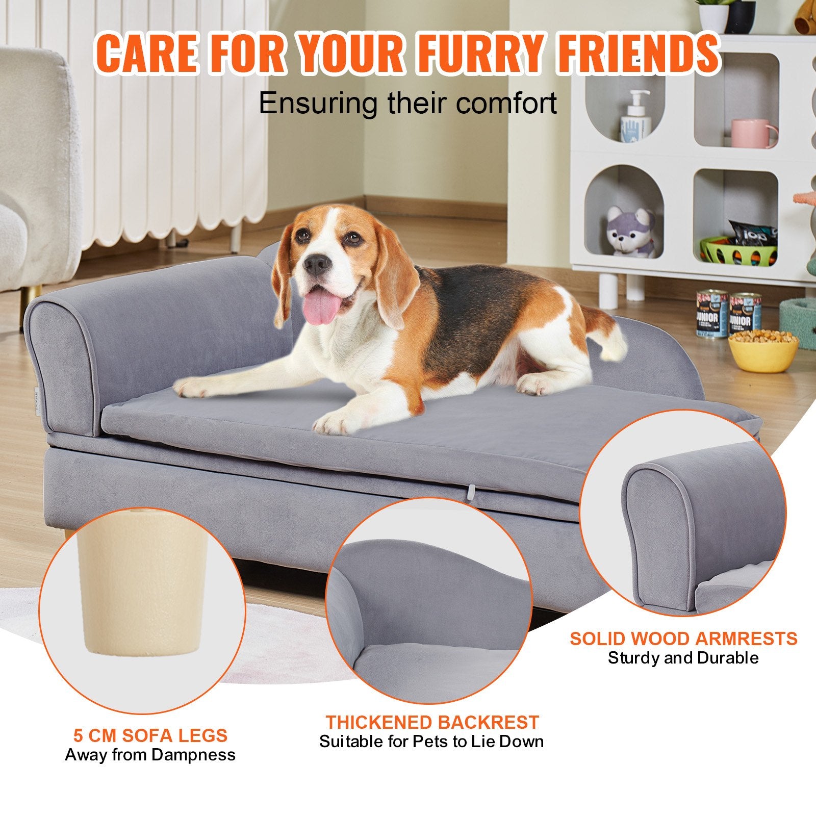 Luxurious Grey Velvet Pet Sofa Bed for Large Dogs & Cats, 110 lbs Capacity - Stylish, Comfy Couch with Quick Assembly