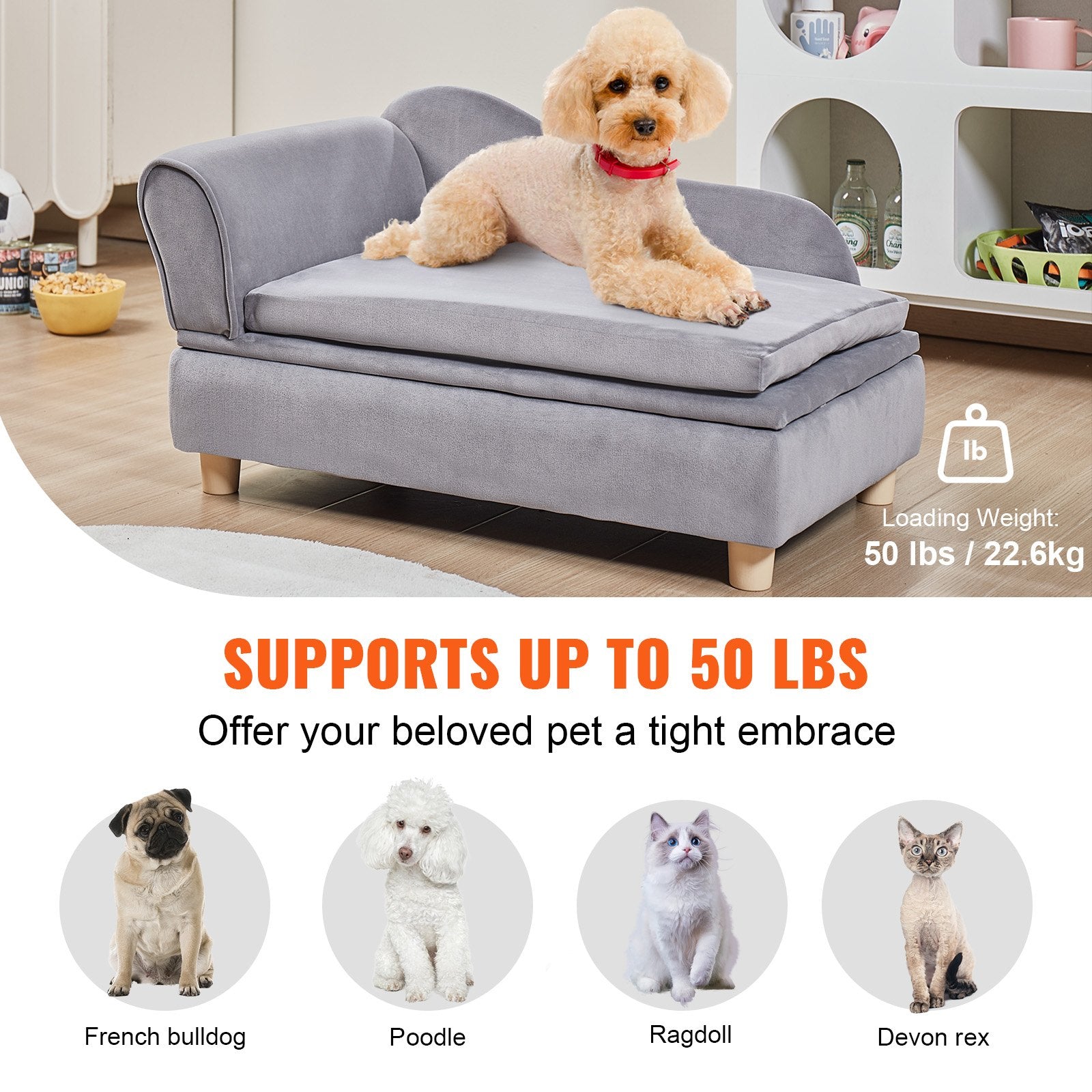 Luxurious Grey Velvet Pet Sofa Bed for Medium Dogs & Cats - Stylish Dog Couch with 81 lbs Capacity, Easy Assembly & Plush Comfort