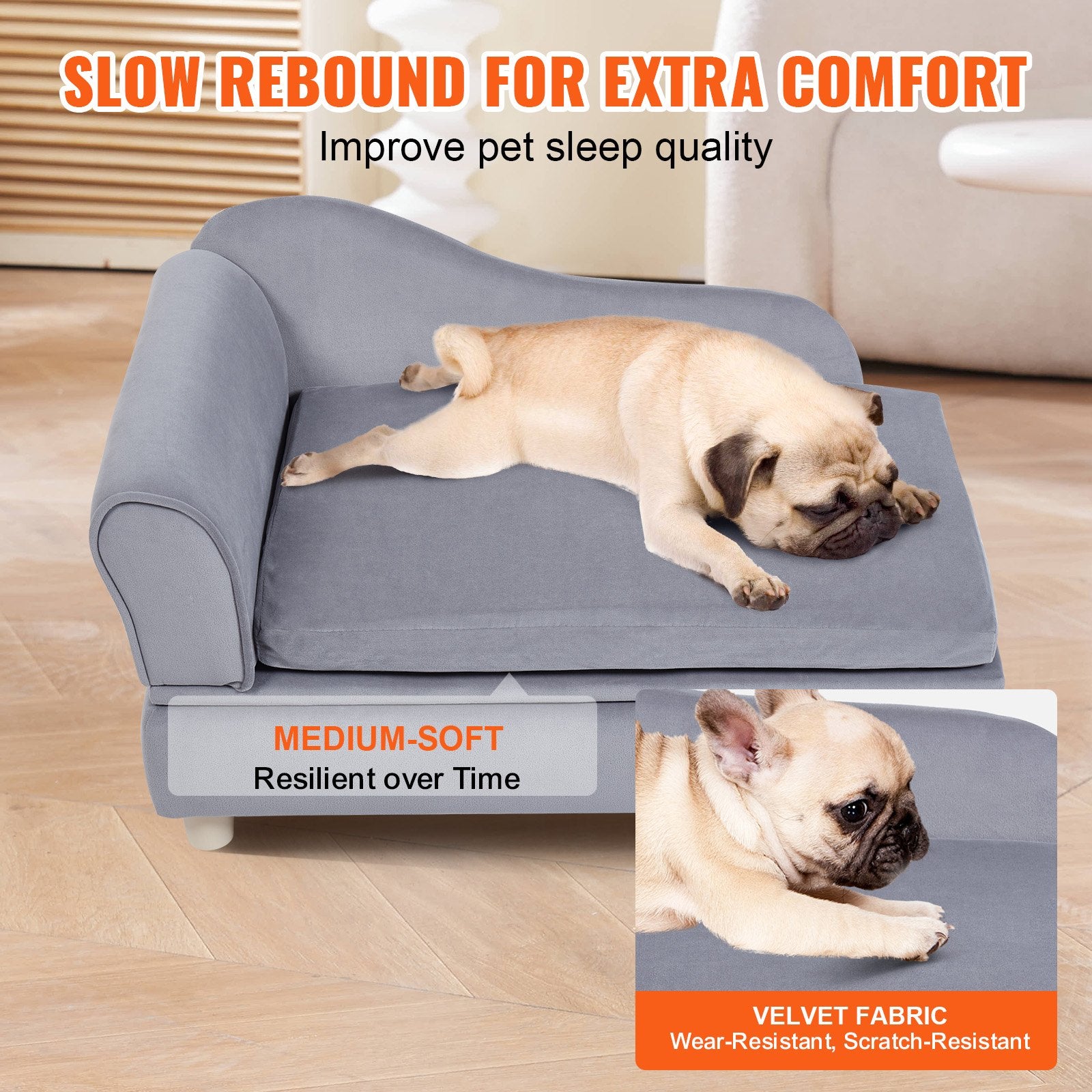 Luxurious Grey Velvet Pet Sofa Bed for Medium Dogs & Cats - Stylish Dog Couch with 81 lbs Capacity, Easy Assembly & Plush Comfort