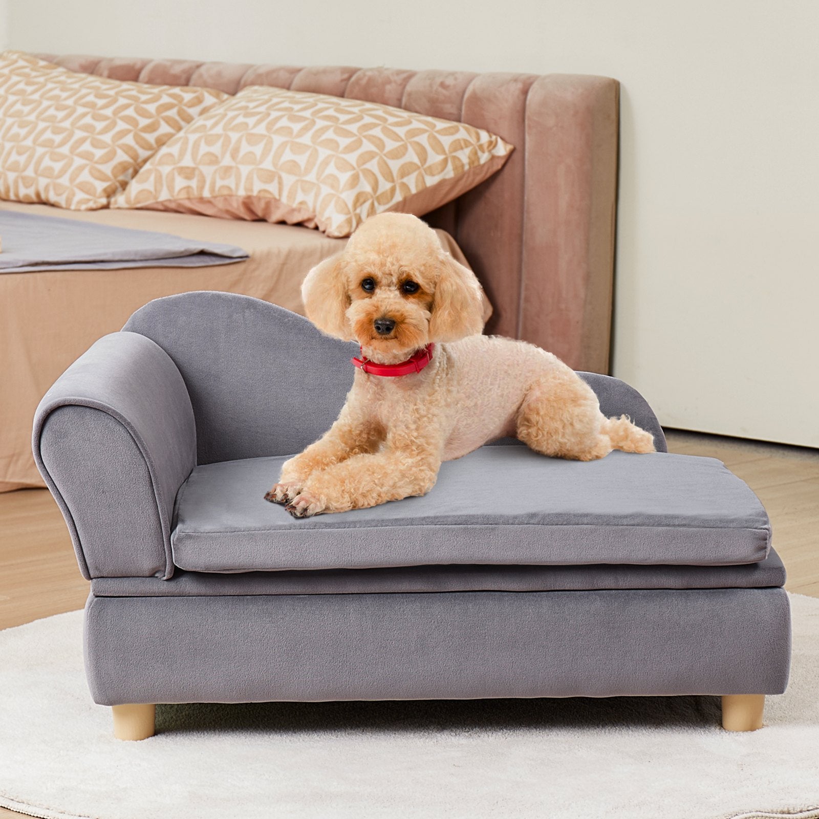 Luxurious Grey Velvet Pet Sofa Bed for Medium Dogs & Cats - Stylish Dog Couch with 81 lbs Capacity, Easy Assembly & Plush Comfort