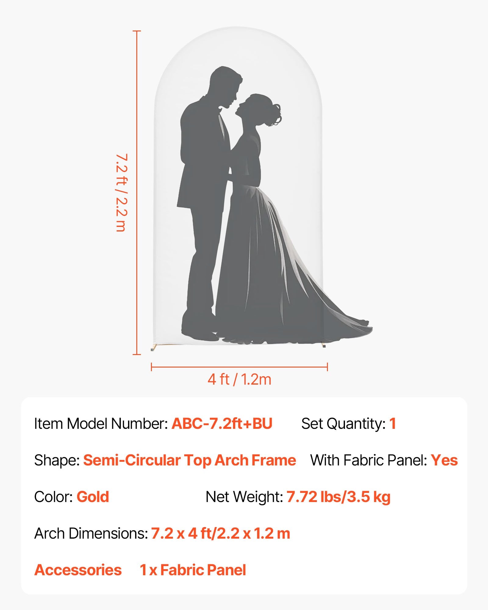 Elegant Gold Metal Arch Backdrop Stand with Fabric Cover for Weddings, Parties, Events - Easy Assembly & Stable, 7.2 x 4 ft Semi-Circular Frame