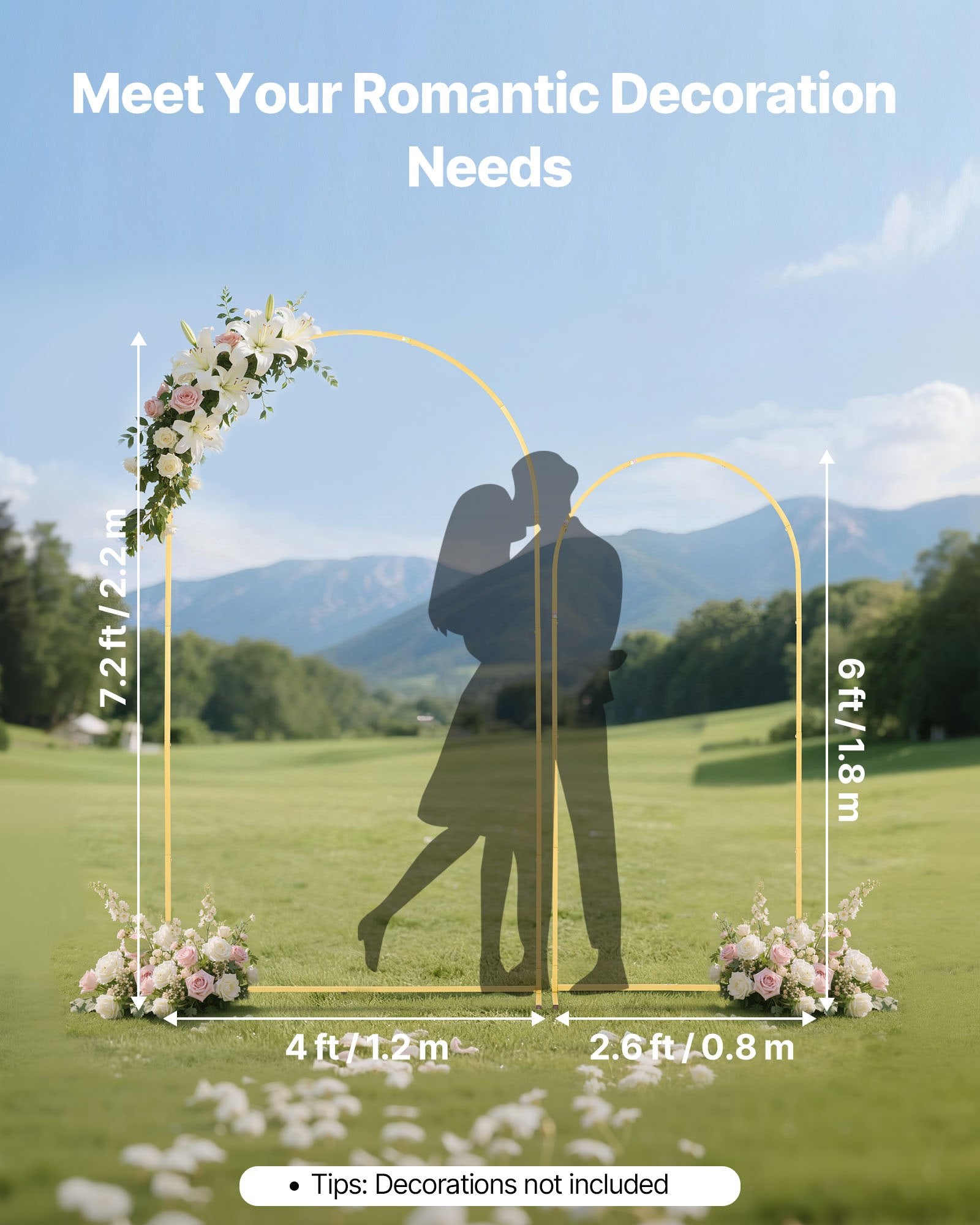 Elegant Gold Metal Arch Backdrop Stand Set - 7.2 ft & 6 ft, Easy Assembly for Weddings, Parties, Ceremonies, Graduations, and Events Decor