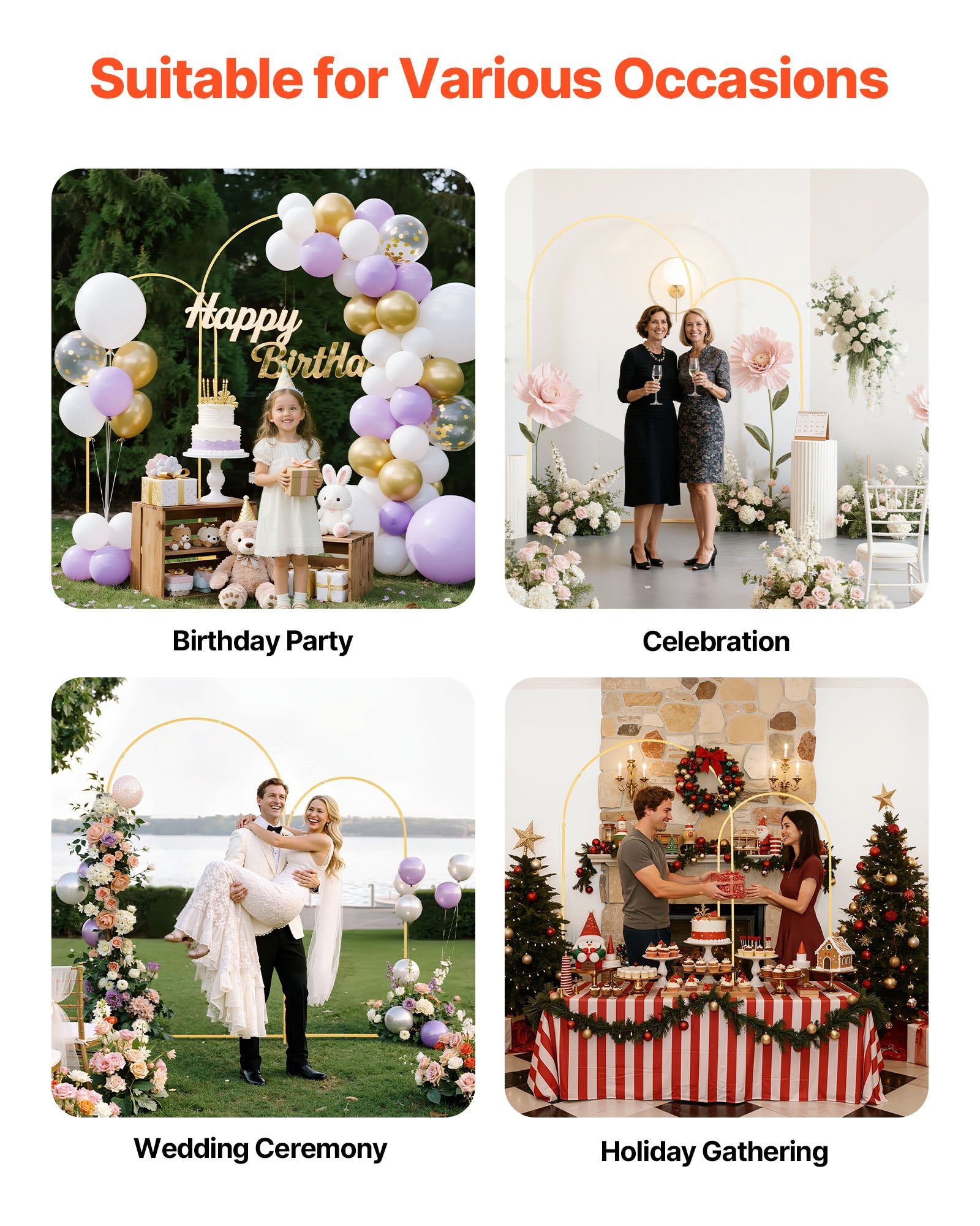 Elegant Gold Metal Arch Backdrop Stand Set - 7.2 ft & 6 ft, Easy Assembly for Weddings, Parties, Ceremonies, Graduations, and Events Decor