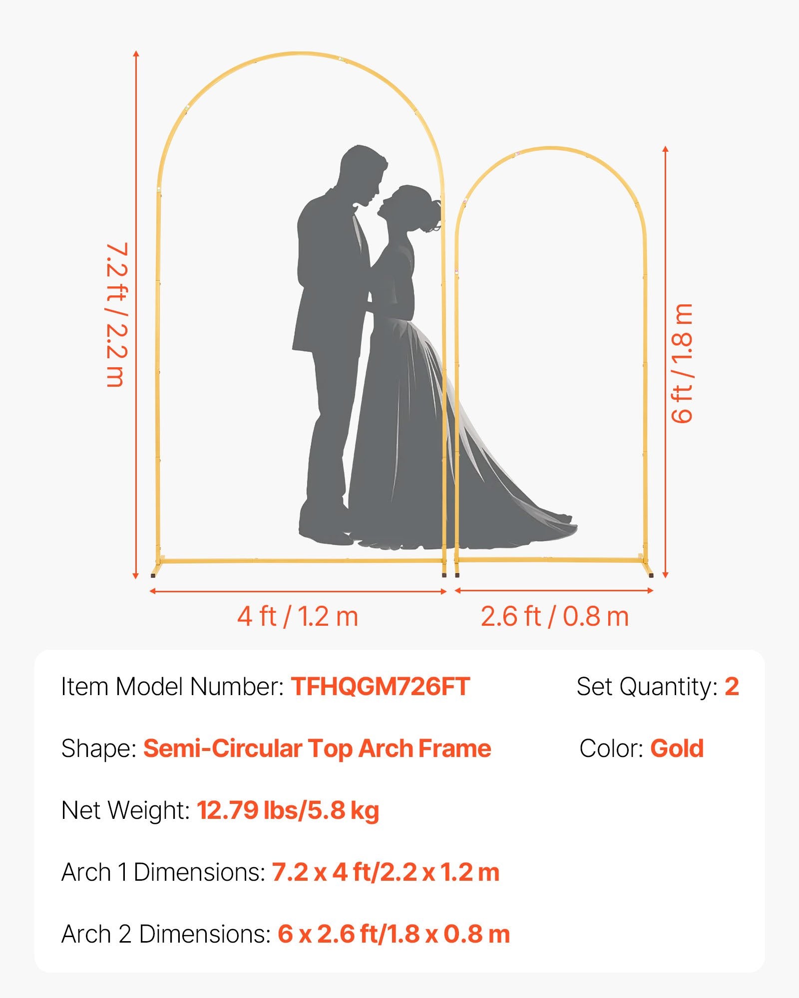 Elegant Gold Metal Arch Backdrop Stand Set - 7.2 ft & 6 ft, Easy Assembly for Weddings, Parties, Ceremonies, Graduations, and Events Decor