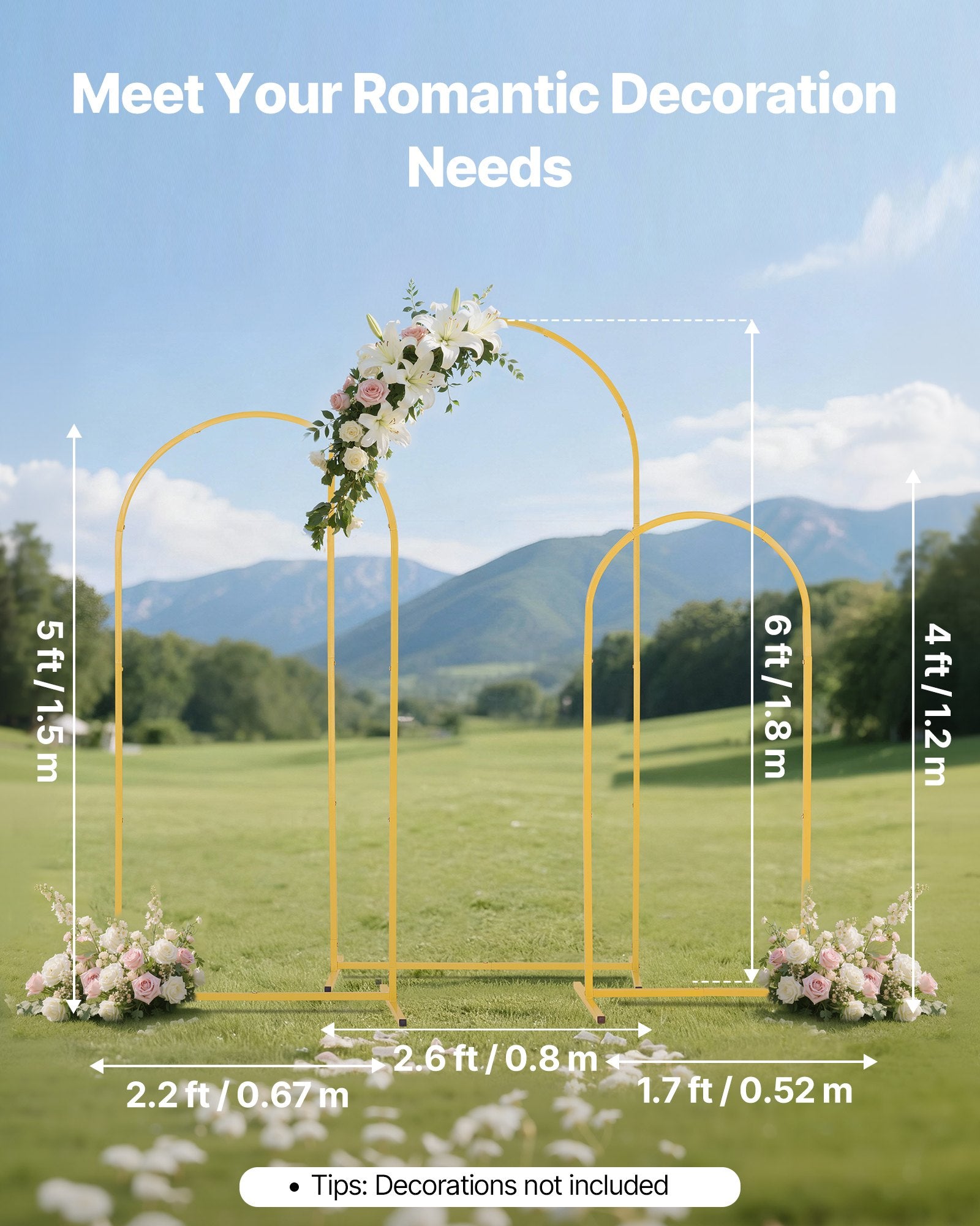 Set of 3 Gold Metal Arch Backdrop Stands, 6/5/4 ft, Perfect for Weddings, Birthdays, Graduations, Holiday Celebrations, Ceremonies, Easy to Assemble