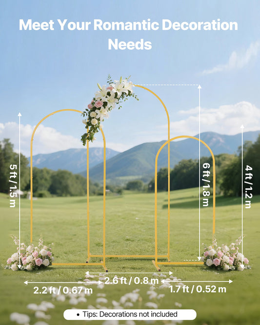 Set of 3 Gold Metal Arch Backdrop Stands, 6/5/4 ft, Perfect for Weddings, Birthdays, Graduations, Holiday Celebrations, Ceremonies, Easy to Assemble