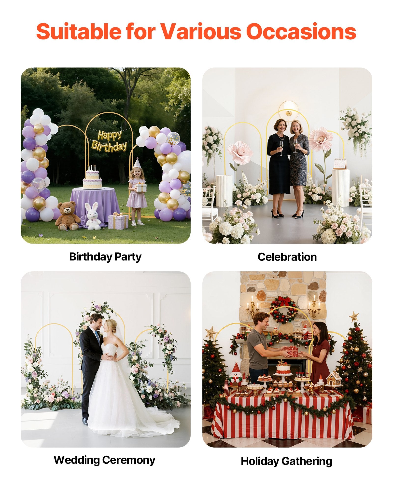 Set of 3 Gold Metal Arch Backdrop Stands, 6/5/4 ft, Perfect for Weddings, Birthdays, Graduations, Holiday Celebrations, Ceremonies, Easy to Assemble