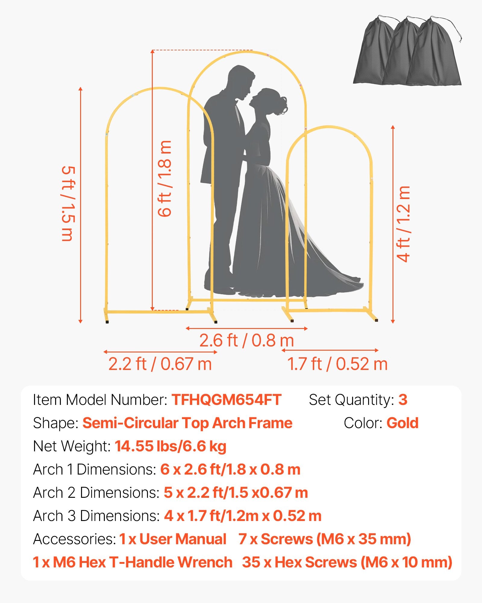 Set of 3 Gold Metal Arch Backdrop Stands, 6/5/4 ft, Perfect for Weddings, Birthdays, Graduations, Holiday Celebrations, Ceremonies, Easy to Assemble