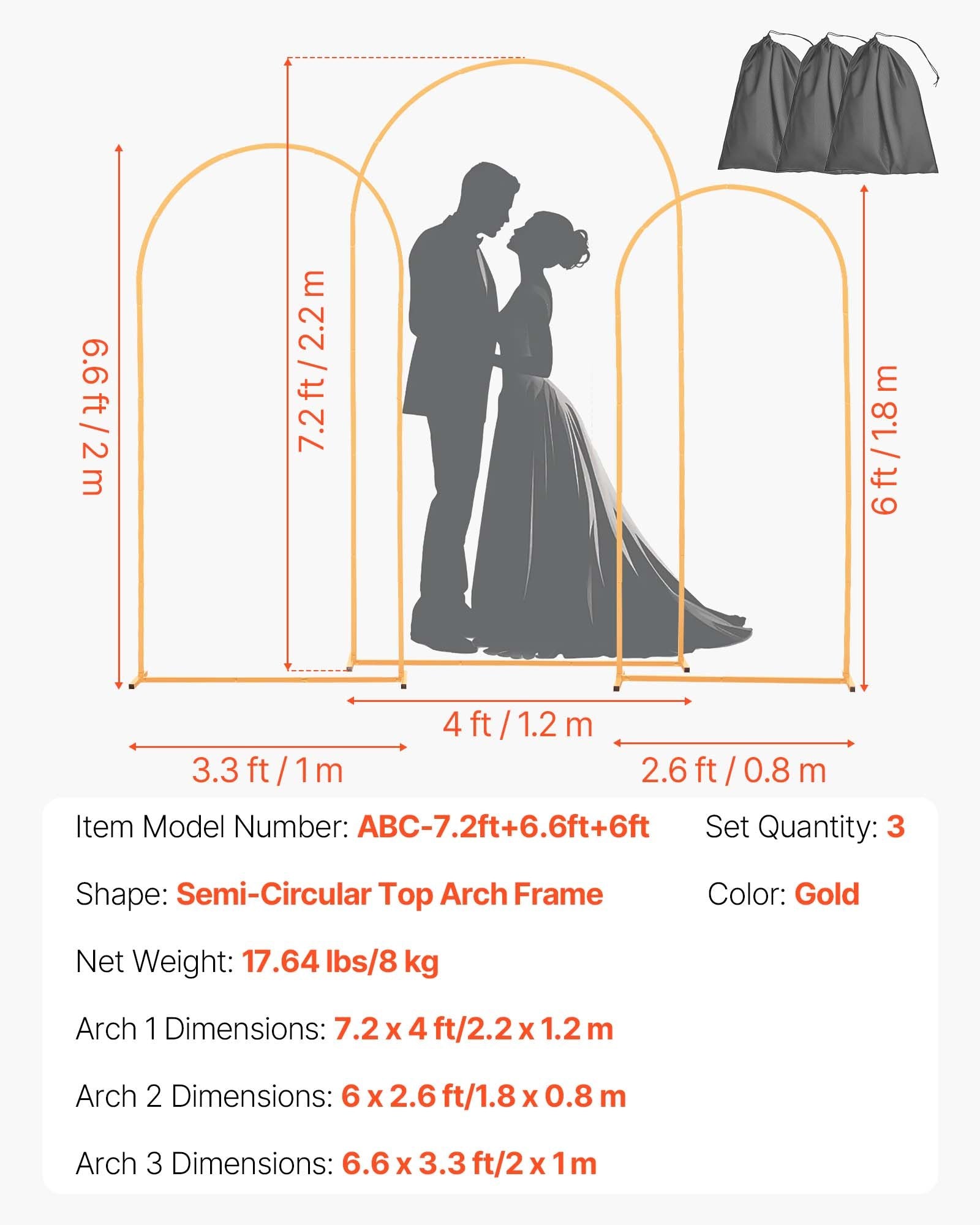Elegant Gold Metal Arch Backdrop Stand Set of 3 for Weddings, Birthdays, Graduations, Holiday Celebrations & Ceremonies, Easy Assembly