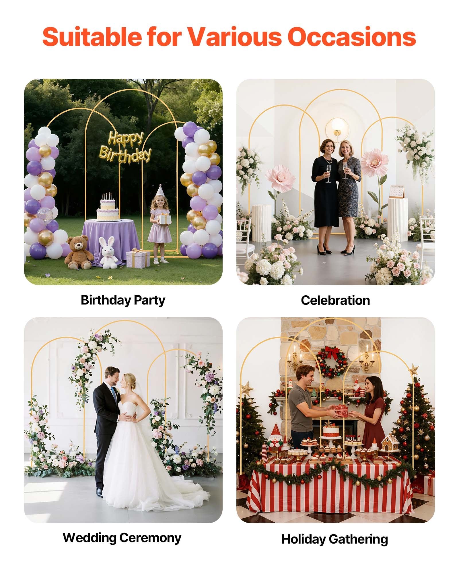 Elegant Gold Metal Arch Backdrop Stand Set for Weddings, Parties, and Events - Easy Assembly, Customizable Decor, Stable Structure, 3 Sizes