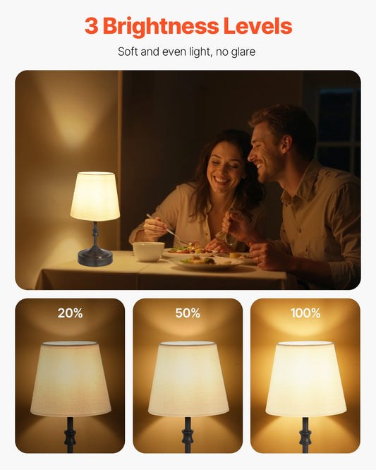 Compact Cordless Table Lamp with Rechargeable 5200mAh Battery, 3-Level Brightness, Fabric Shade for Ambient Lighting in Restaurants & Bedrooms