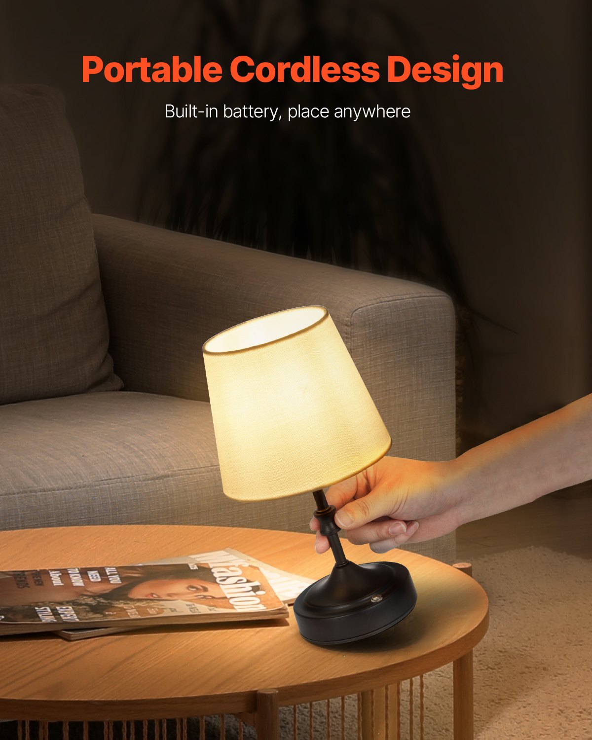 Compact Cordless Table Lamp with Rechargeable 5200mAh Battery, 3-Level Brightness, Fabric Shade for Ambient Lighting in Restaurants & Bedrooms