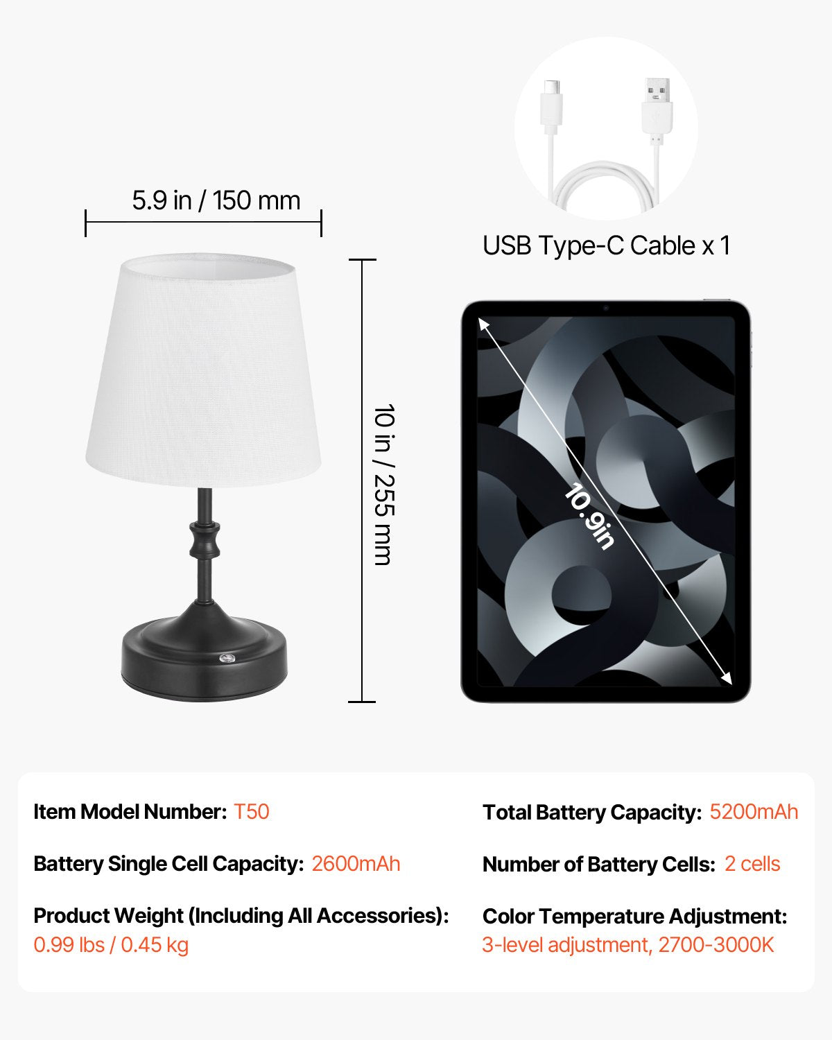 Compact Cordless Table Lamp with Rechargeable 5200mAh Battery, 3-Level Brightness, Fabric Shade for Ambient Lighting in Restaurants & Bedrooms