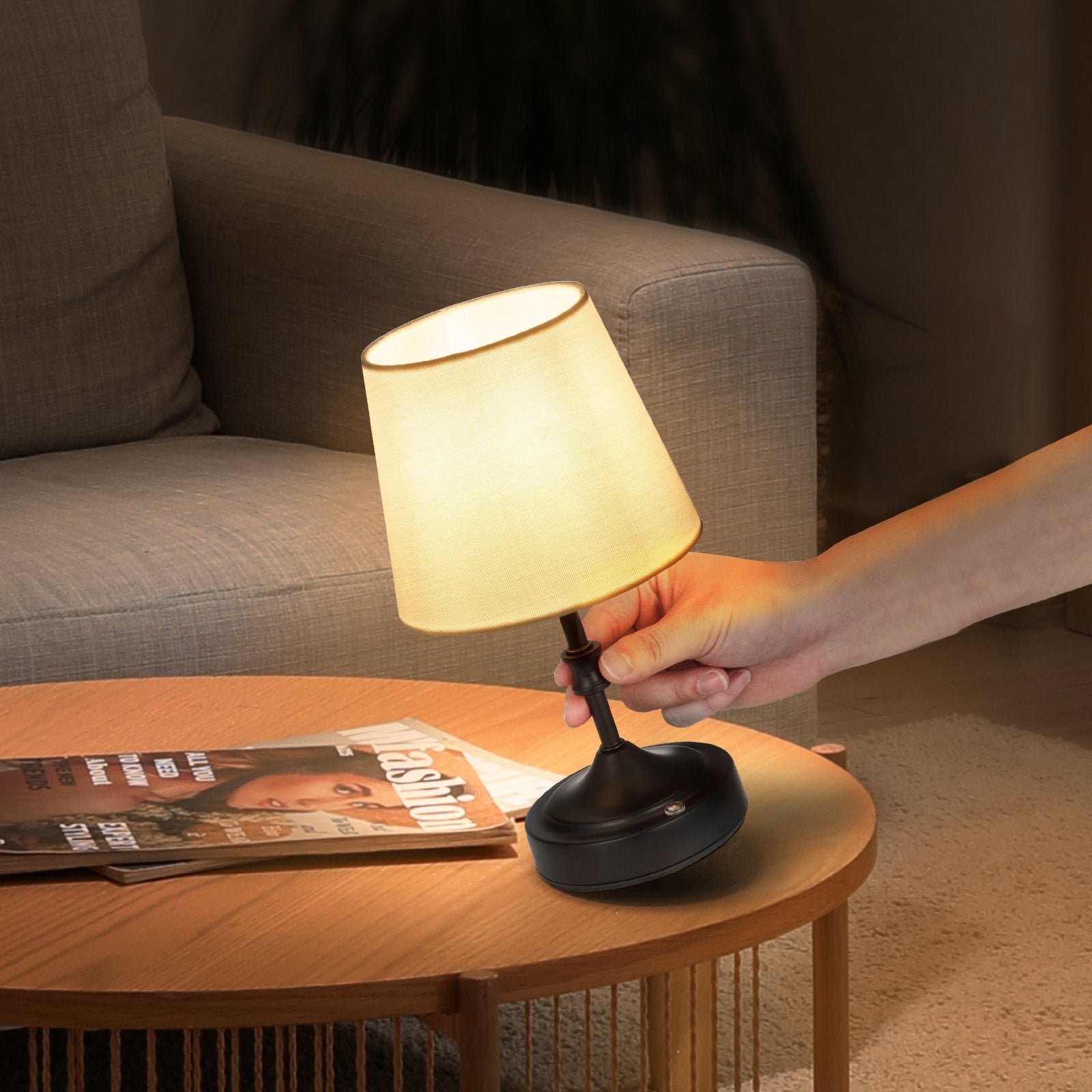 Compact Cordless Table Lamp with Rechargeable 5200mAh Battery, 3-Level Brightness, Fabric Shade for Ambient Lighting in Restaurants & Bedrooms